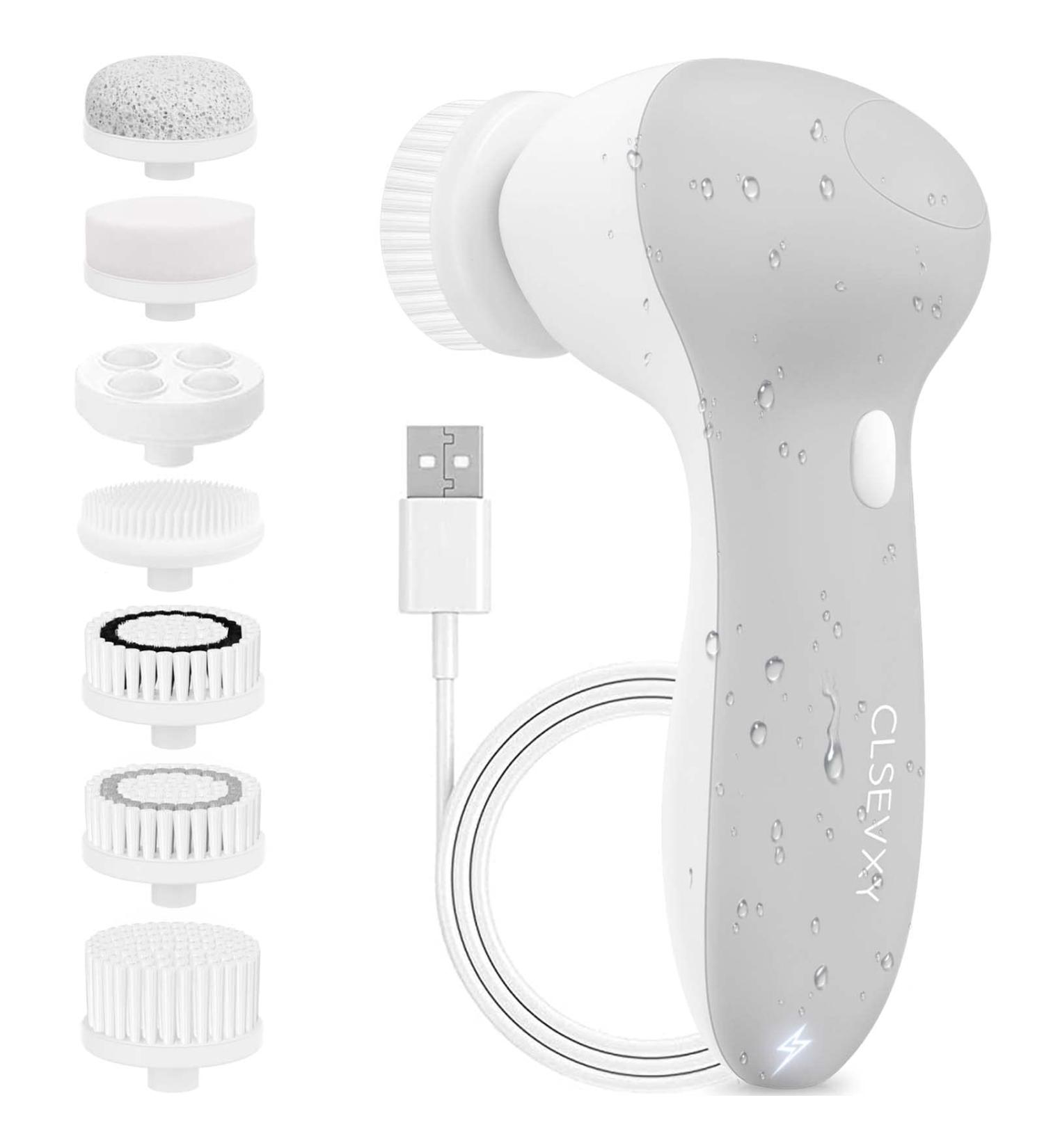 Facial Cleansing Brush with 7 Brush Heads - USB Rechargeable, Waterproof Electric Spin Cleanser for Cleansing, Exfoliating, and Massaging - Gray - Buy Online on GoSupps.com