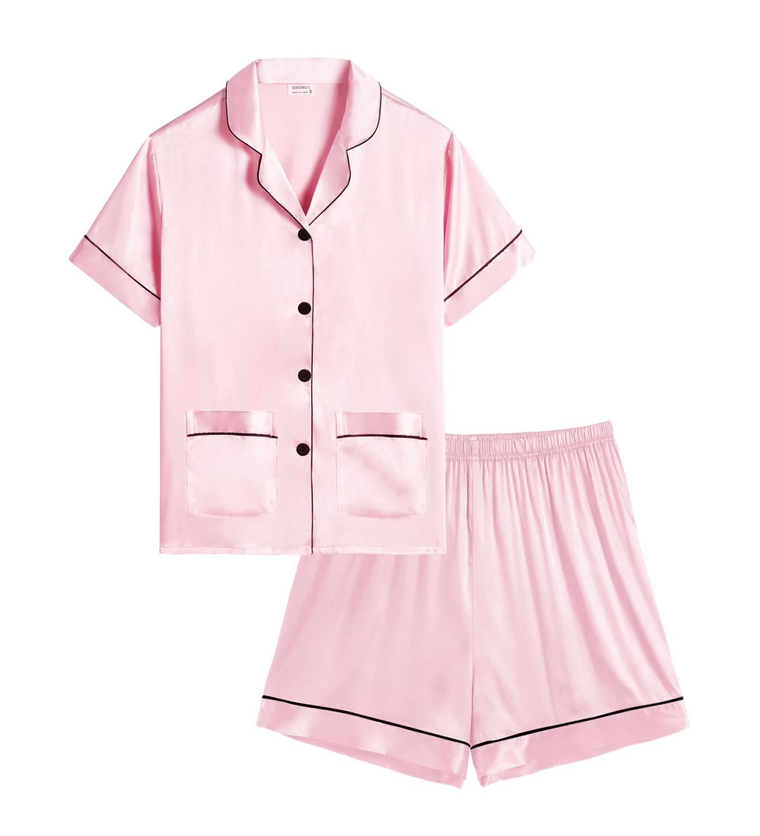 SWOMOG Kids Satin Pyjamas Set - Button-Down Short Sleeve Silk Nightwear for Girls Boys, 2 Piece Lounge Set, 8-9 Years, Pink - Buy Online on GoSupps.com