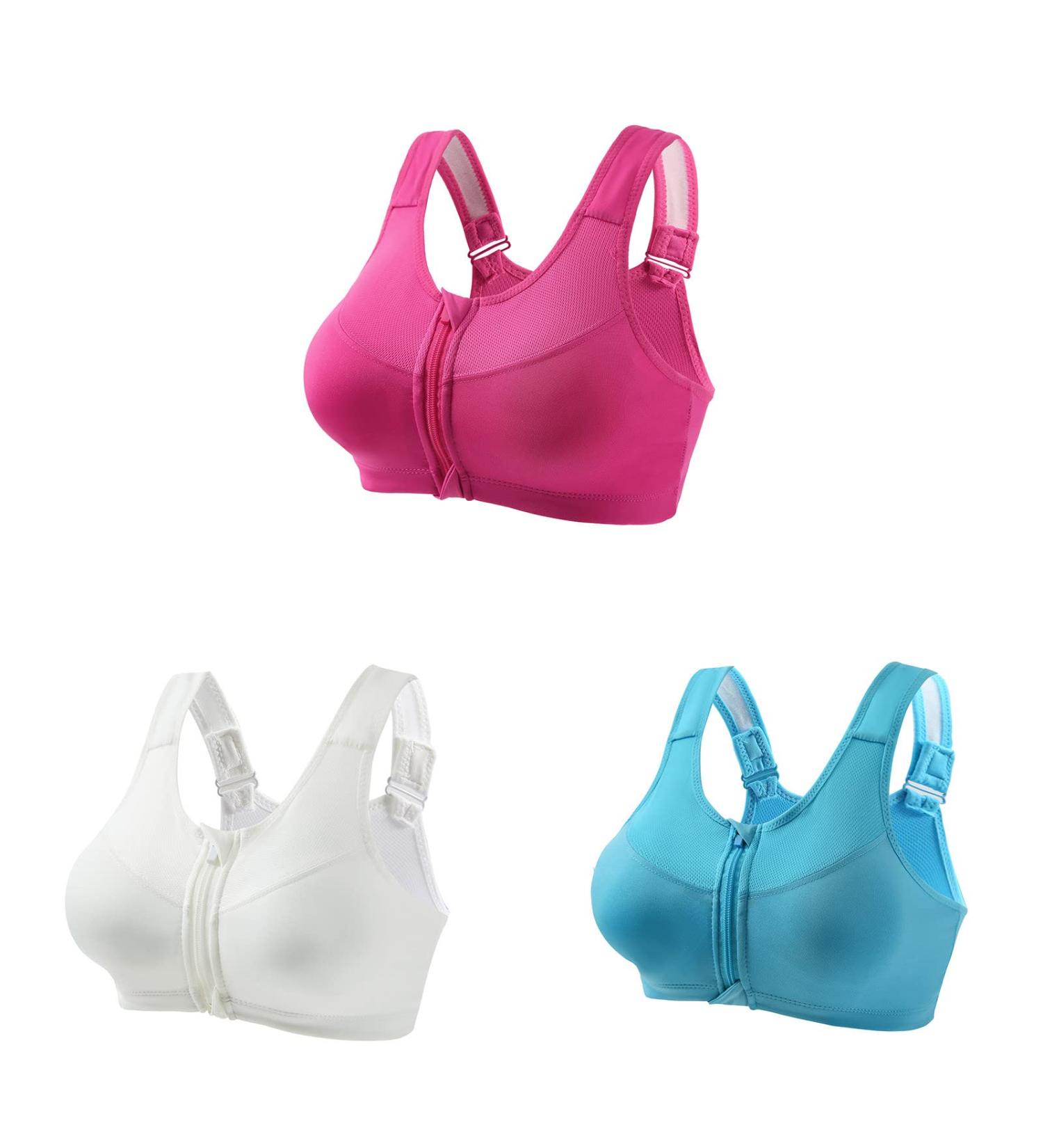 Routinfly 3-Piece Women's Sports Bra Set Zip Front Plus Size Everyday Bralette for Fitness Running & Nursing Comfortable Hot Pink XL - Buy Online on GoSupps.com