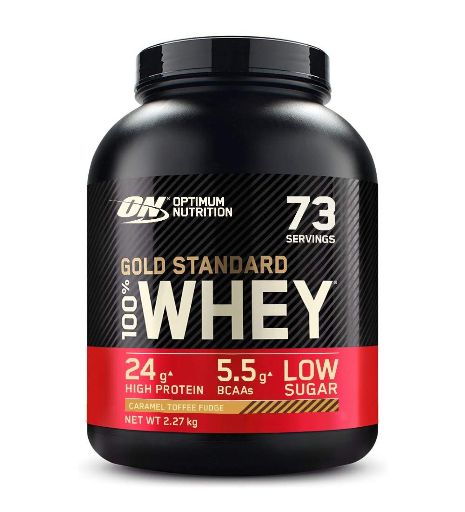 Optimum Nutrition Gold Standard 100% Whey Protein Powder - Caramel Toffee Fudge Flavor, 73 Servings, 2.27 kg - Buy Online on GoSupps.com