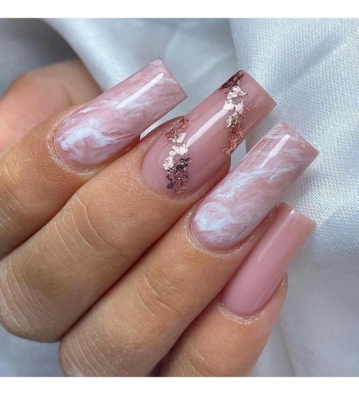 Mouyouglow Press on Nails - Square Rosa Gold Foil Marble Ombre White - Fake Nails with Glue - Pink White Marble Pattern - W7 - Buy Online on GoSupps.com