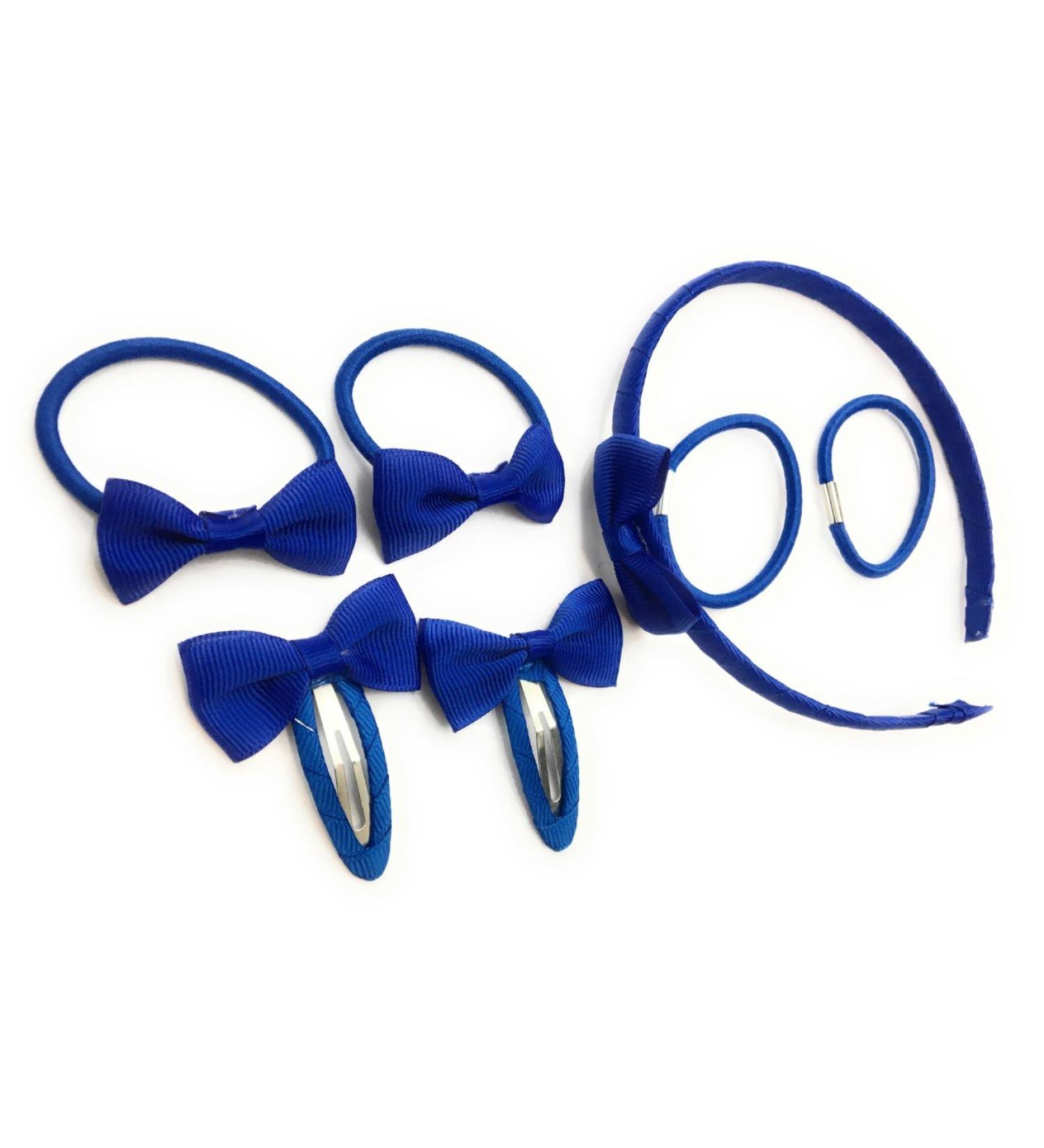 7 PIECE SCHOOL COLOURS Hair Bow Snap Clips SET ALICE BAND PONIOS PonyTail Holder Headband - Royal Blue