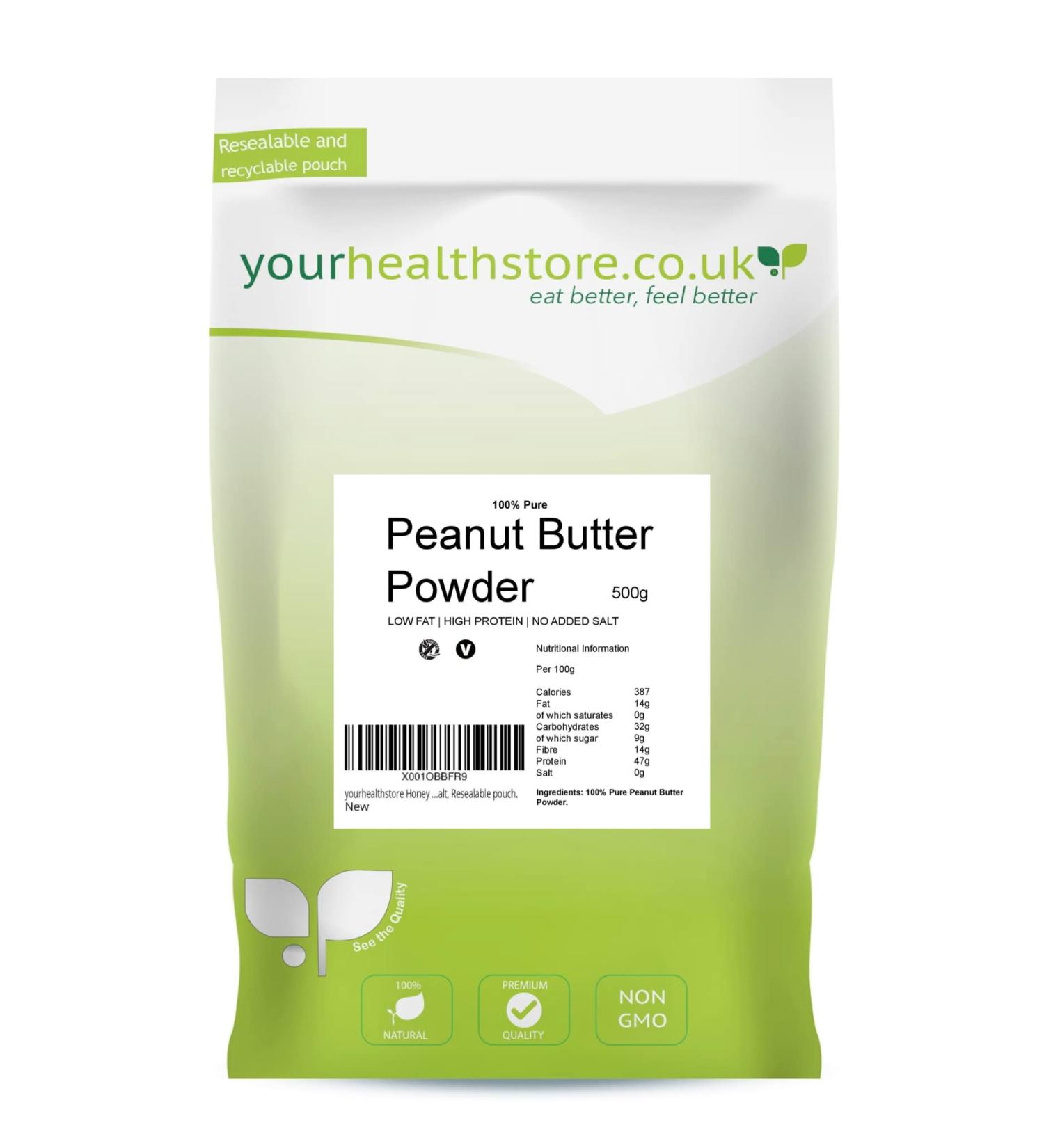 yourhealthstore 100% Pure Peanut Butter Powder 500g High Protein Low Fat Vegan No Salt Nothing Added Resealable Pouch.