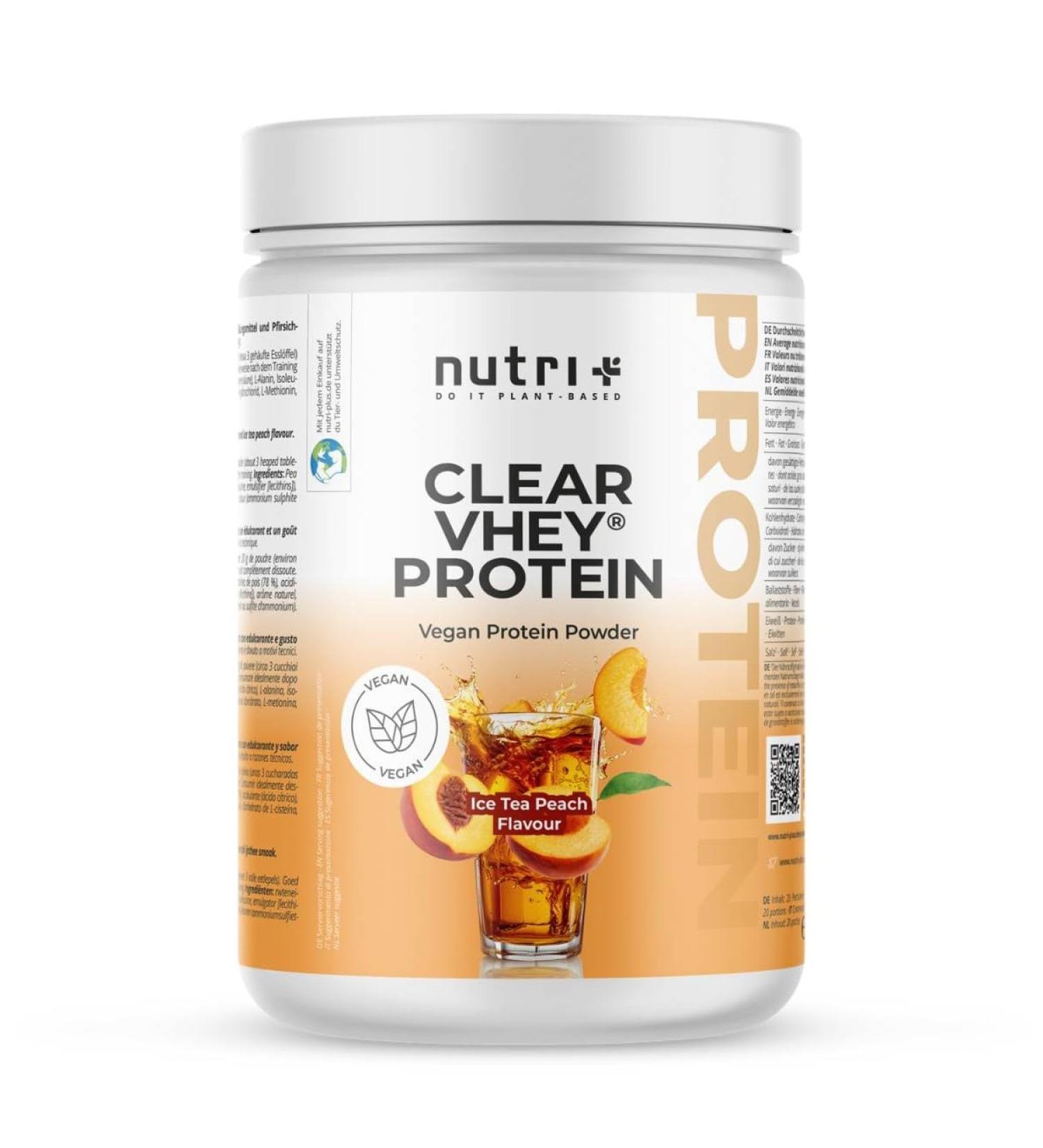 Nutri + Clear Vhey Protein Ice Tea Peach - Vegan Protein Powder Soy Gluten Lactose Sugar - 400g Protein Powder - Vegan Pea - Buy Online on GoSupps.com