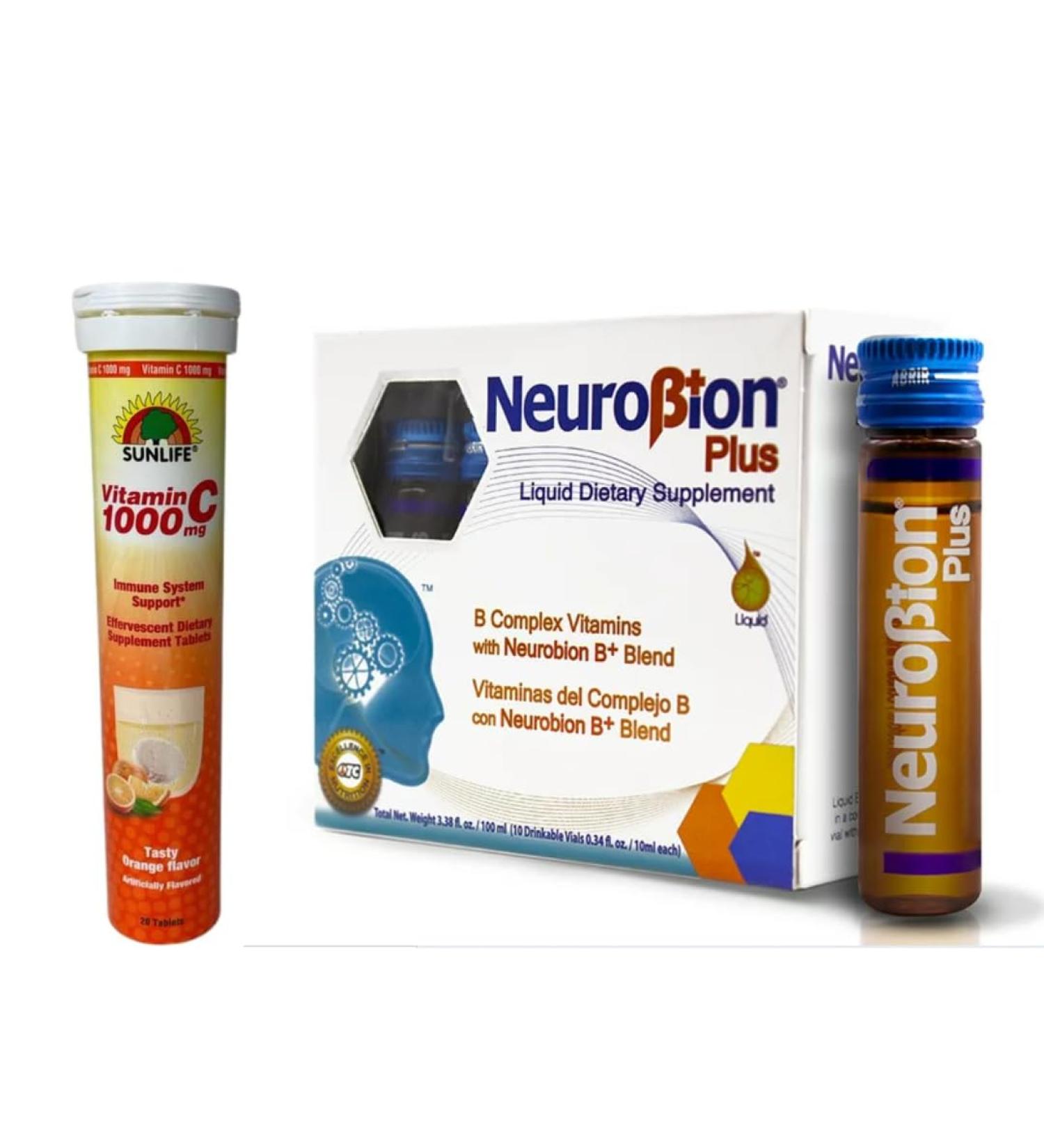 Neurobion Plus Liquid & Sunlife Vitamin C 1000mg Tablets | B Complex Blend | Orange Flavor | Immune System Support - Buy Online on GoSupps.com