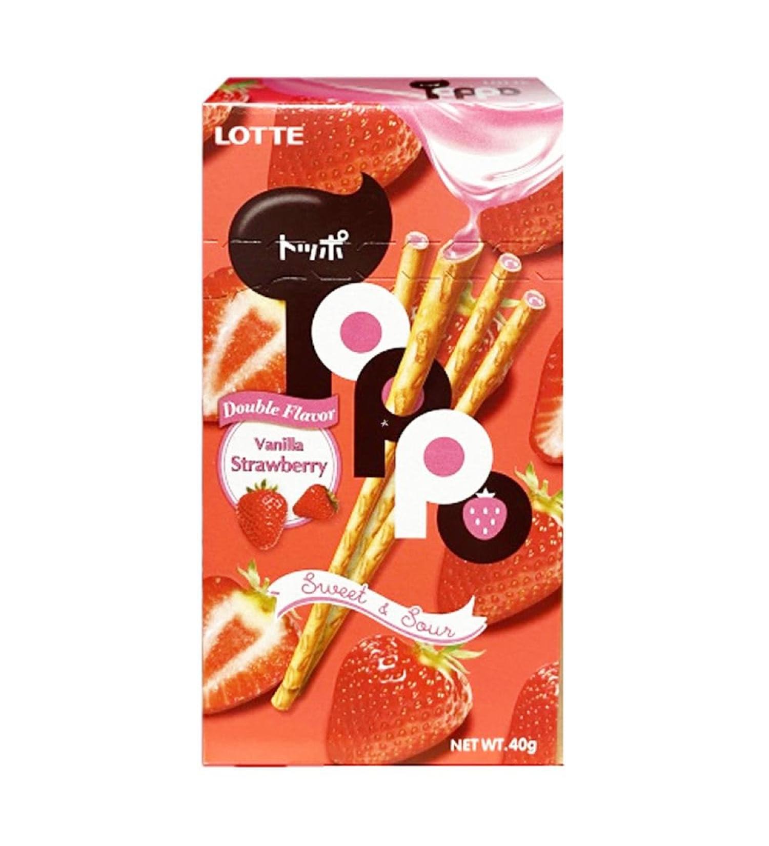 Lotte Toppo Vanilla Strawberry Double Flavour Filled Crispy Pretzel Sticks Biscuit Snacks 40g (Pack Of 10)