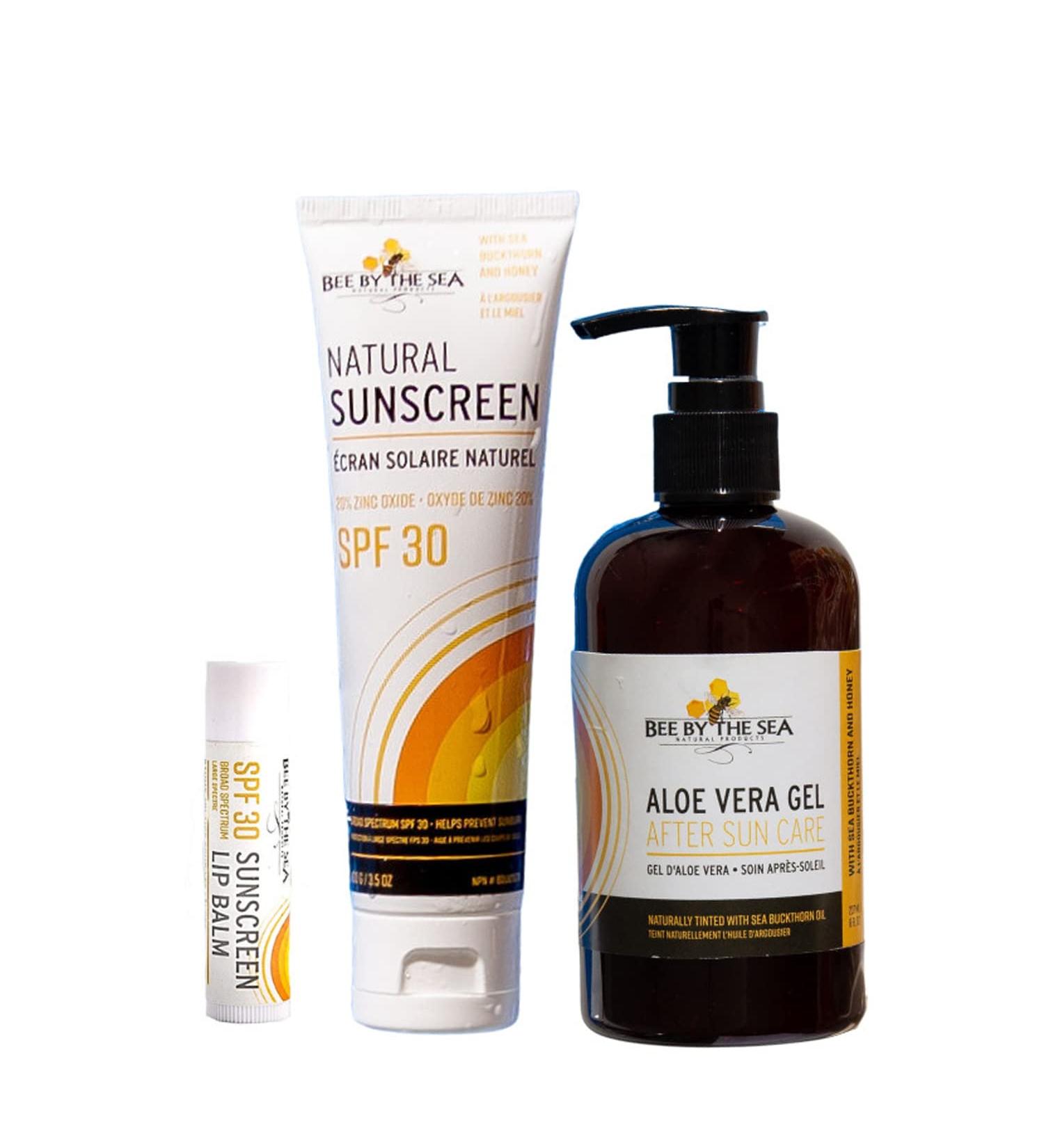 Bee by the Sea Natural sun care bundle | Broad Spectrum Reef Safe Mineral Sunscreen SPF 30 SPF Coconut Lip Balm and Aloe Vera Gel for after sun repair. All with Sea Buckthorn and Honey and essential oils for all skin types. | Paraben Free Cruelty Free Oxy - Buy Online on GoSupps.com