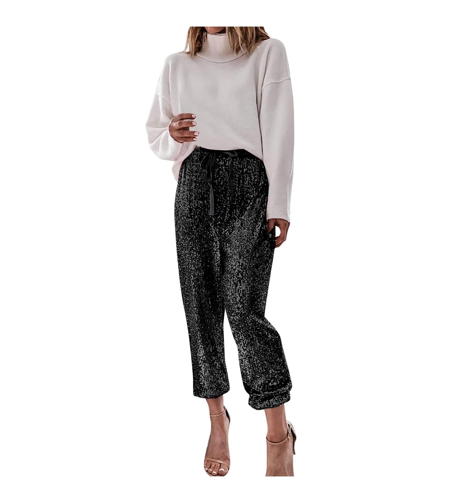 Duohropke Women's High Waist Glitter Sequins Pants - Sexy Elegant Loose Long Party Pants in Black - Buy Online on GoSupps.com