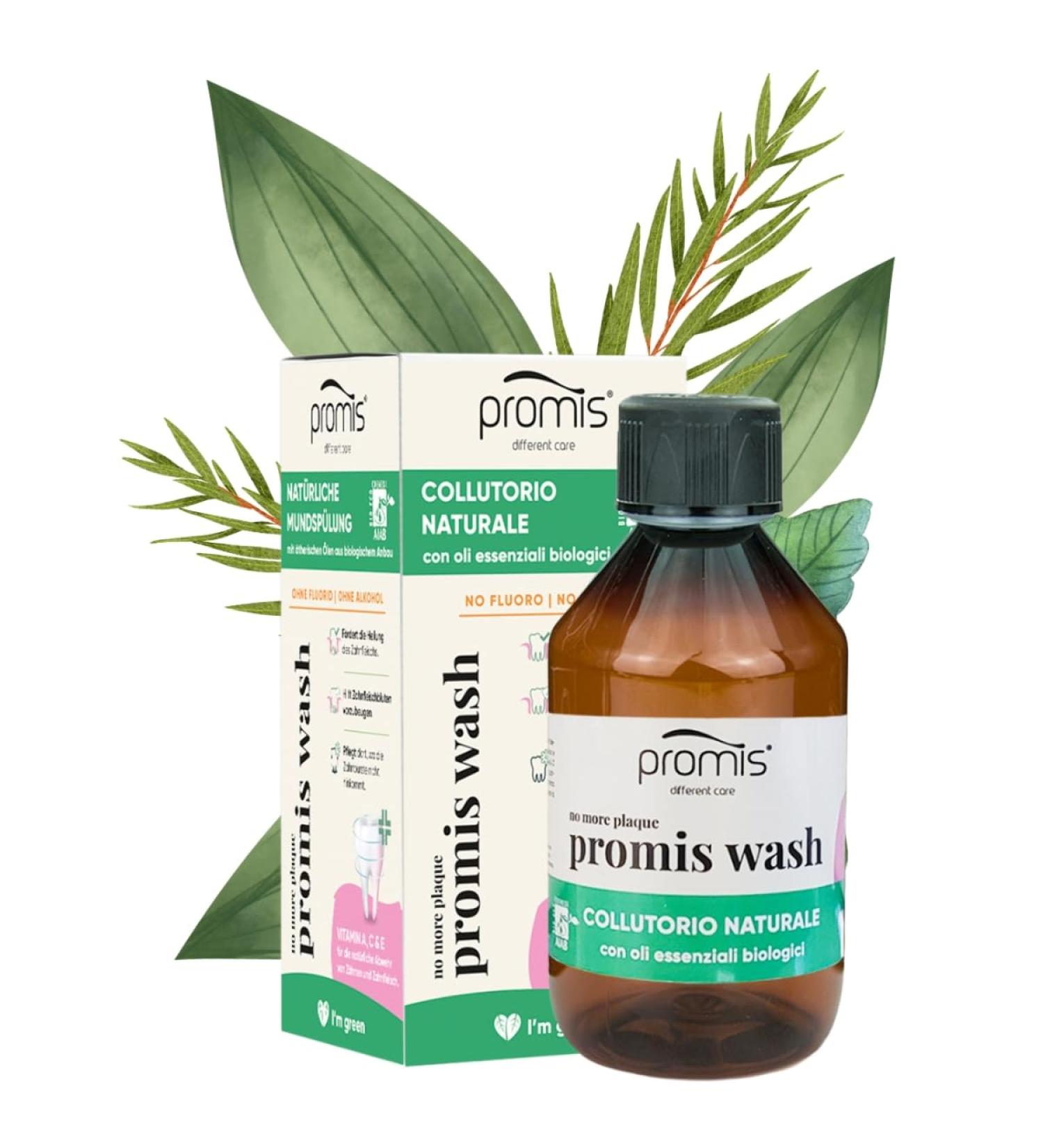 promis wash natural mouthwash alcohol-free and fluoride-free with vitamins A C & E | For sensitive gums | Vegan | AIAB organic label - Buy Online on GoSupps.com