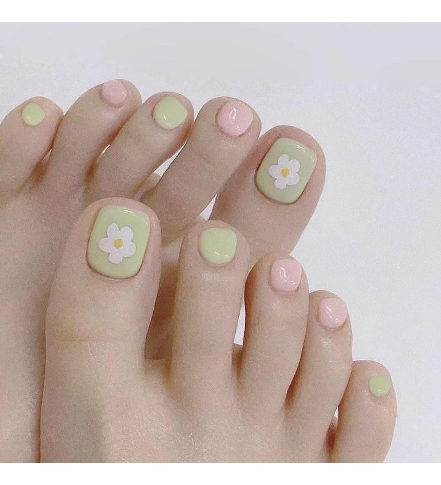 Decorative nail patch small fresh pink and green flowers with white toenails patch removable fake toenails and finished toenails. - Buy Online on GoSupps.com