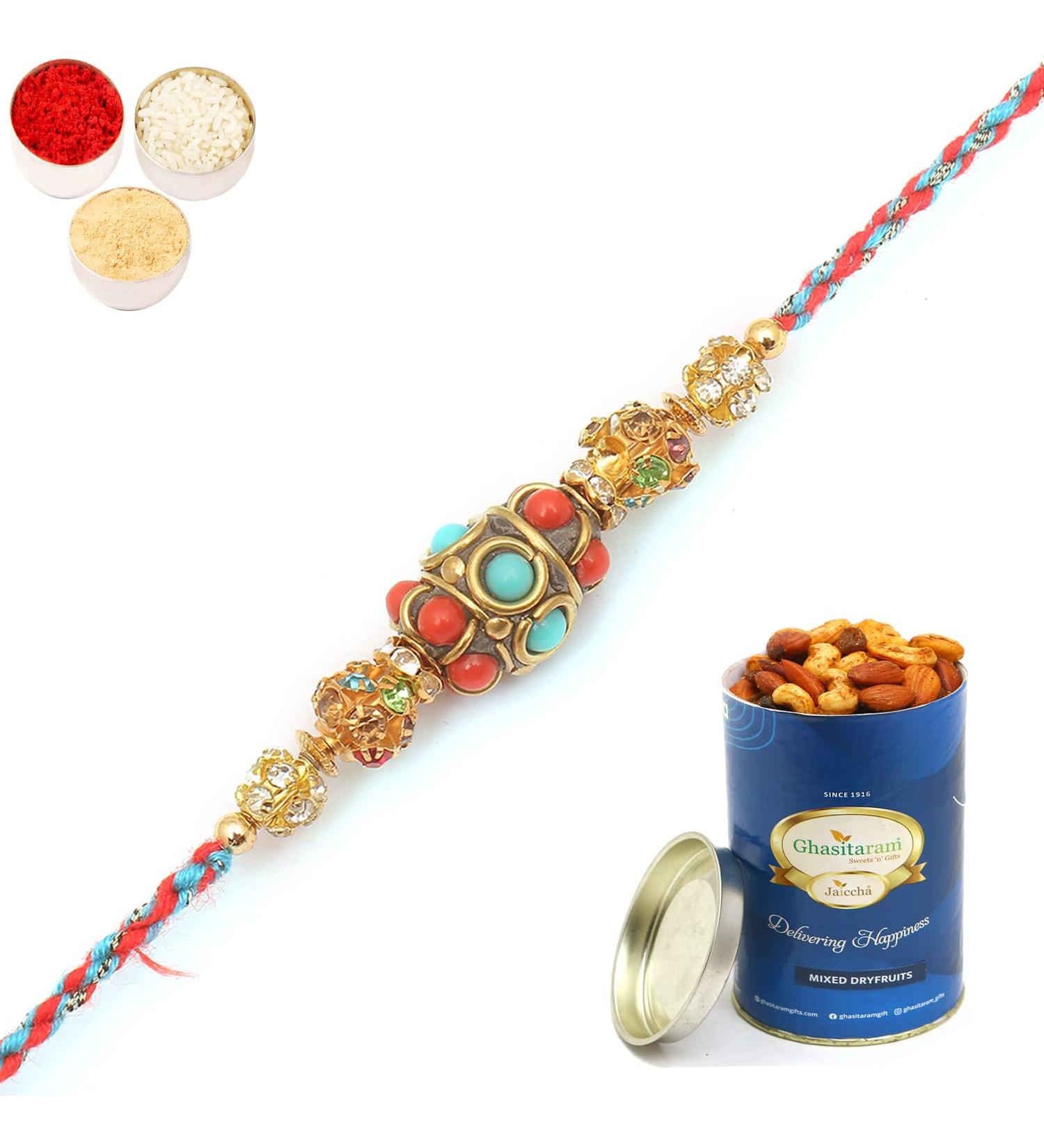 Ghasitaram Gifts Rakhi for Brother Rakhis Online - RM571 - Blue Ethnic Bracelet Rakhi with 100 GMS of Dryfruits Mix Can Rakhi Set with 100 gms of Dryfruits Mix Can - Buy Online on GoSupps.com