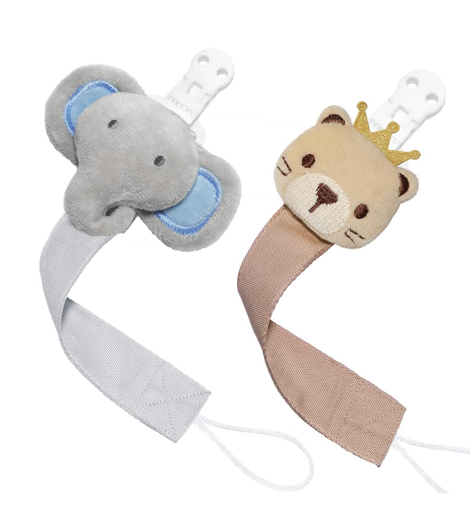 TYRY.HU 2 Pack Neutral Pacifier Holder Clips for Girls and Boys - Soft Webbing Soothie Binky Clips - Cute Baby Gift Set - Elephant Bear Theme - Buy Online on GoSupps.com