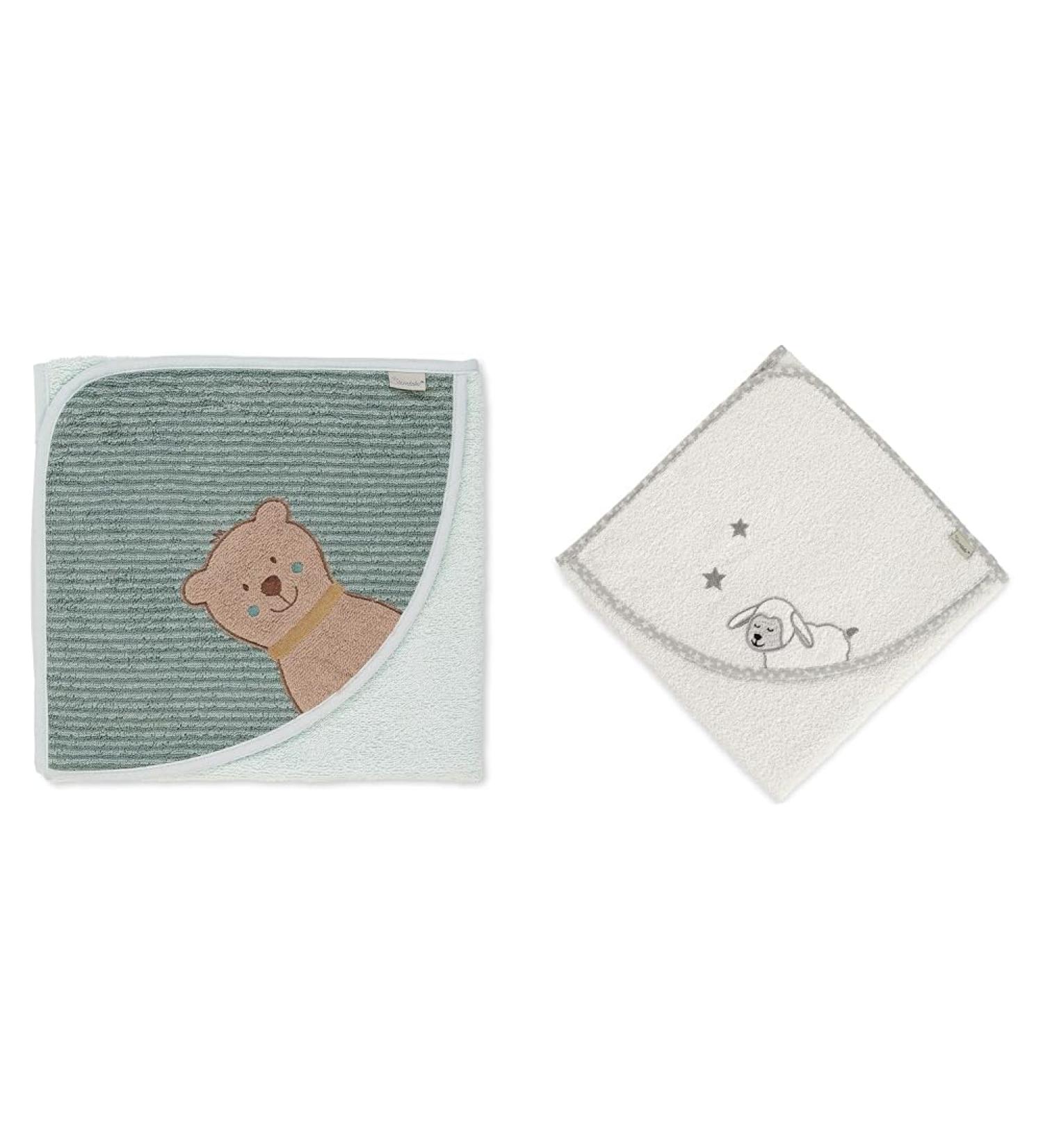 Buy Sterntaler Bear Ben & Sheep Stanley Hooded Bathing Towel Bundle | Light Green & Beige Perfect for Infants (0 Months+) | 80x80cm & 100x100cm | International Shipping Available - Buy Online on GoSupps.com
