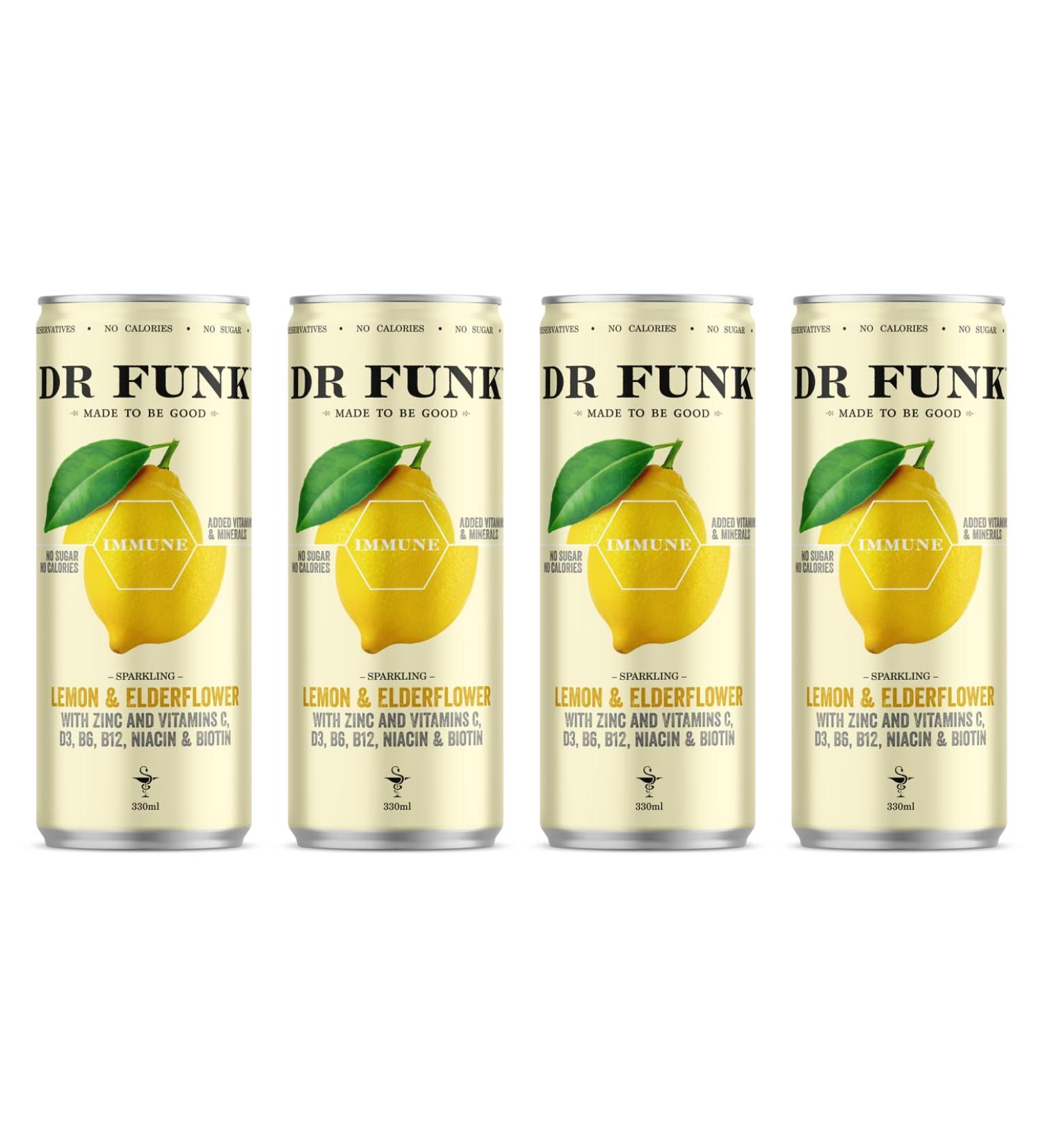 Dr. Funk Lemon & Elderflower Sparkling Flavoured Water with NO Sugar & NO Calories with 6 added Vitamins and 1 Essential Mineral Pack of 4 Cans x 330ml Lemon & Elderflower Pack of 4 - Buy Online on GoSupps.com