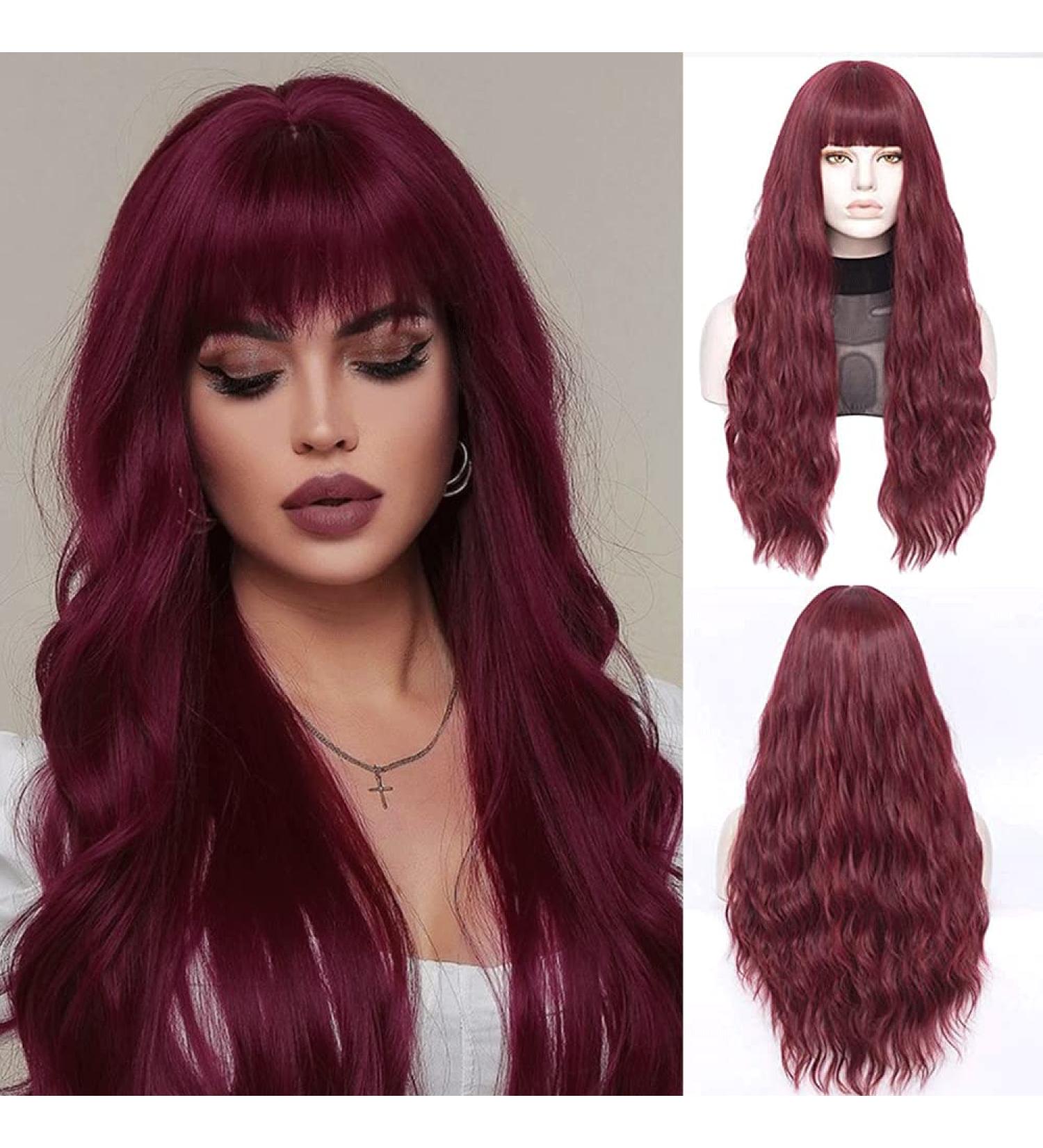 FVCENT 27-Inch Burgundy Curly Synthetic Wig with Bangs for Women & Girls - Charming & Stylish - Buy Online on GoSupps.com