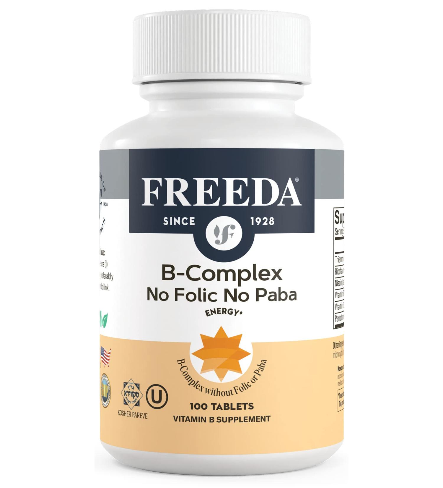Freeda Vitamin B Complex No Folic No PABA - Super B Complex Kosher Vitamin Supplement with Vitamin B1 Vitamin B2 Vitamin B3 Vitamin B5 Vitamin B6 Vitamin B12 - Vit B Complex B for Women & Men (100 Ct) 100 Count (Pack of 1) - Buy Online on GoSupps.com