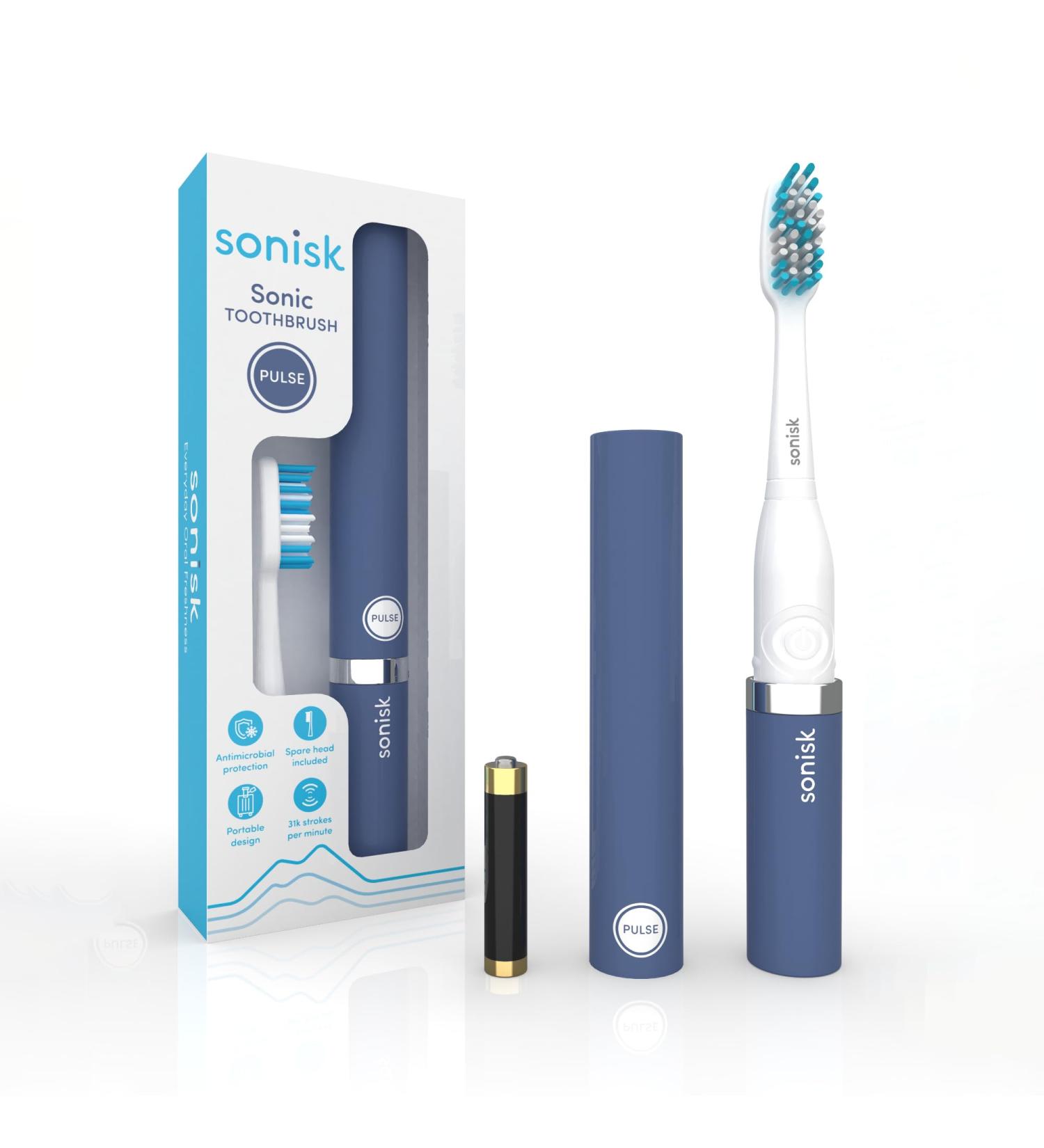 Sonisk Pulse Electric Toothbrush - Sonic Technology Battery Powered 31 000 Strokes/Minute Includes Travel Case & Brush Heads - Portable Steel Blue - Buy Online on GoSupps.com
