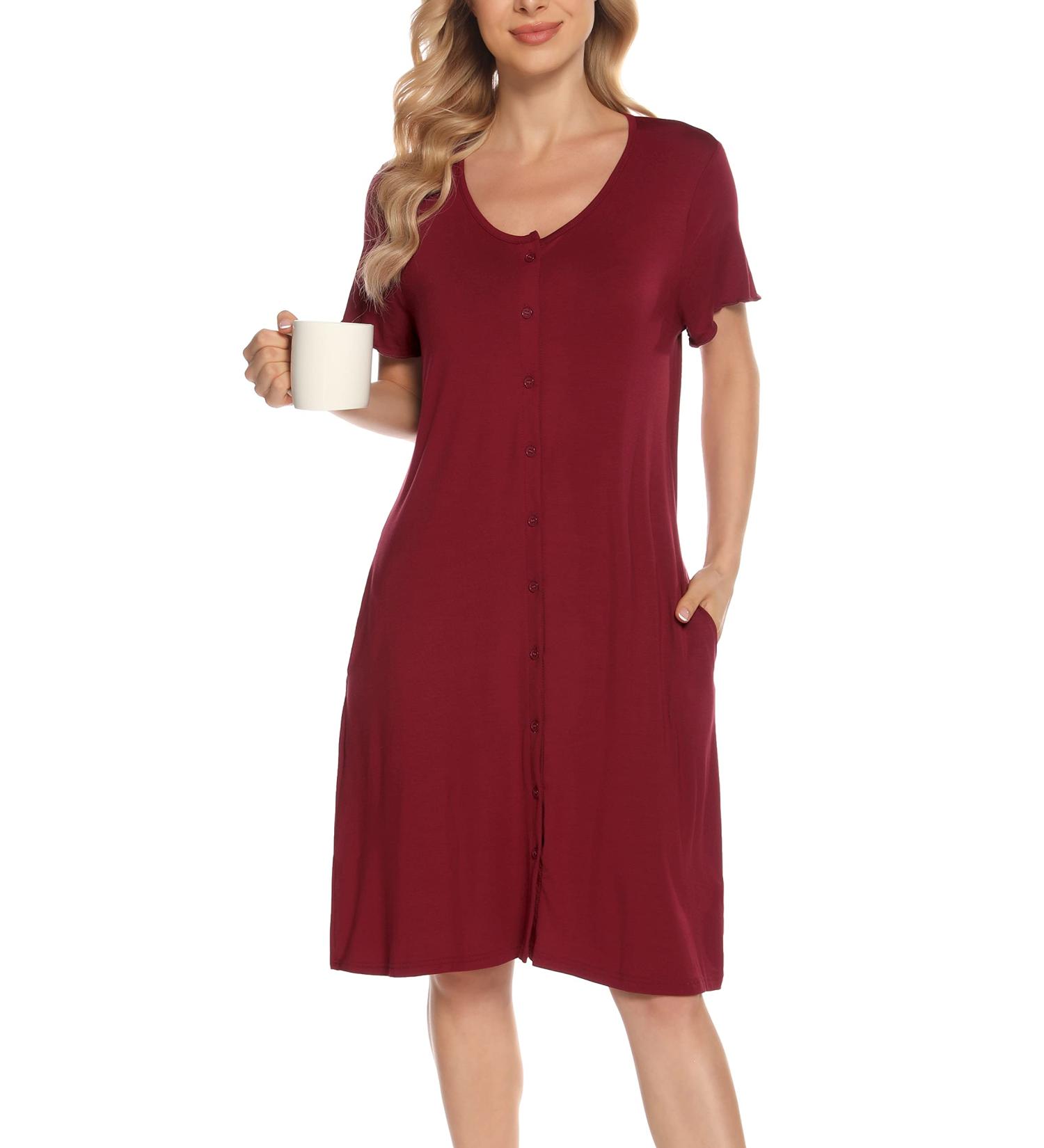 Lovasy Women's Dark Red Button Down Nightdress with Pockets - Soft Maternity and Nursing Nightie - Buy Online on GoSupps.com