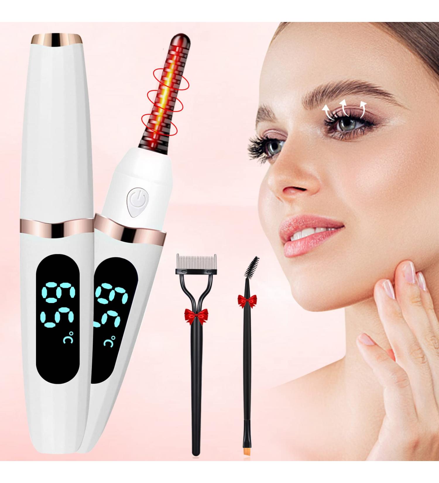 Heated Eyelash Curler with Comb - Electric Lash Curler | 3 Temperature Settings, LED Display | USB Rechargeable, Long-Lasting Natural Curl | Makeup Tool for Women - White - Buy Online on GoSupps.com