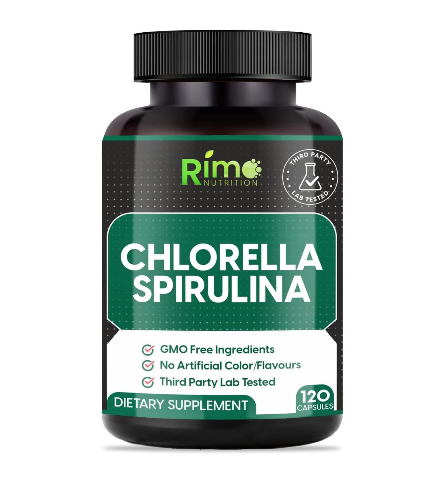 Rimo Nutrition Lab Tested Spirulina and Chlorella Capsules 1000 mg Per Serving- Purest Non-Irradiated Blue Green Algae - Best Raw Vegan Protein - Green Superfood