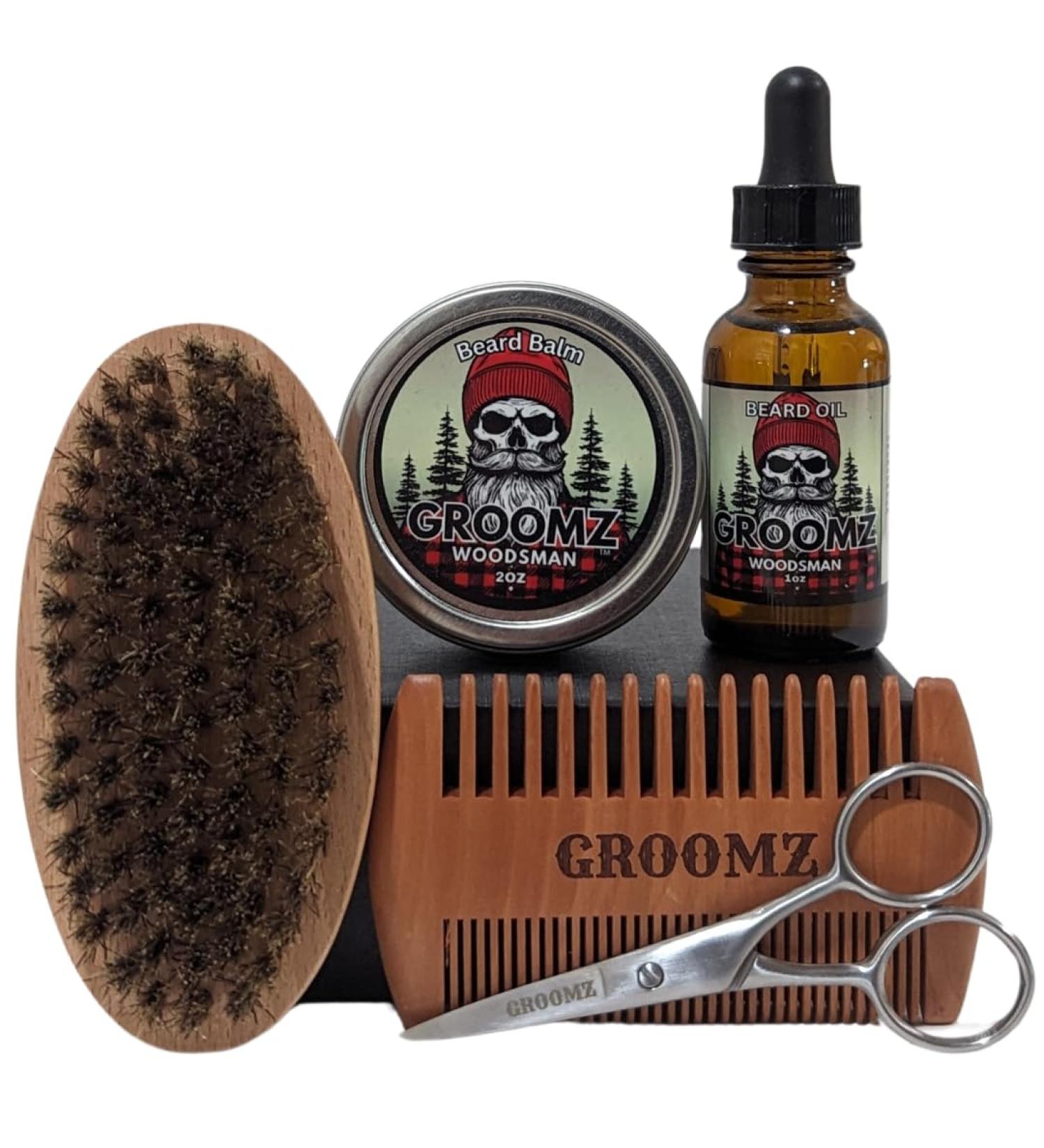GROOMZ Beard Grooming Kit - Signature Oil Balm Comb Brush & Scissors (Woodsman) | Premium International Shipping - Buy Online on GoSupps.com