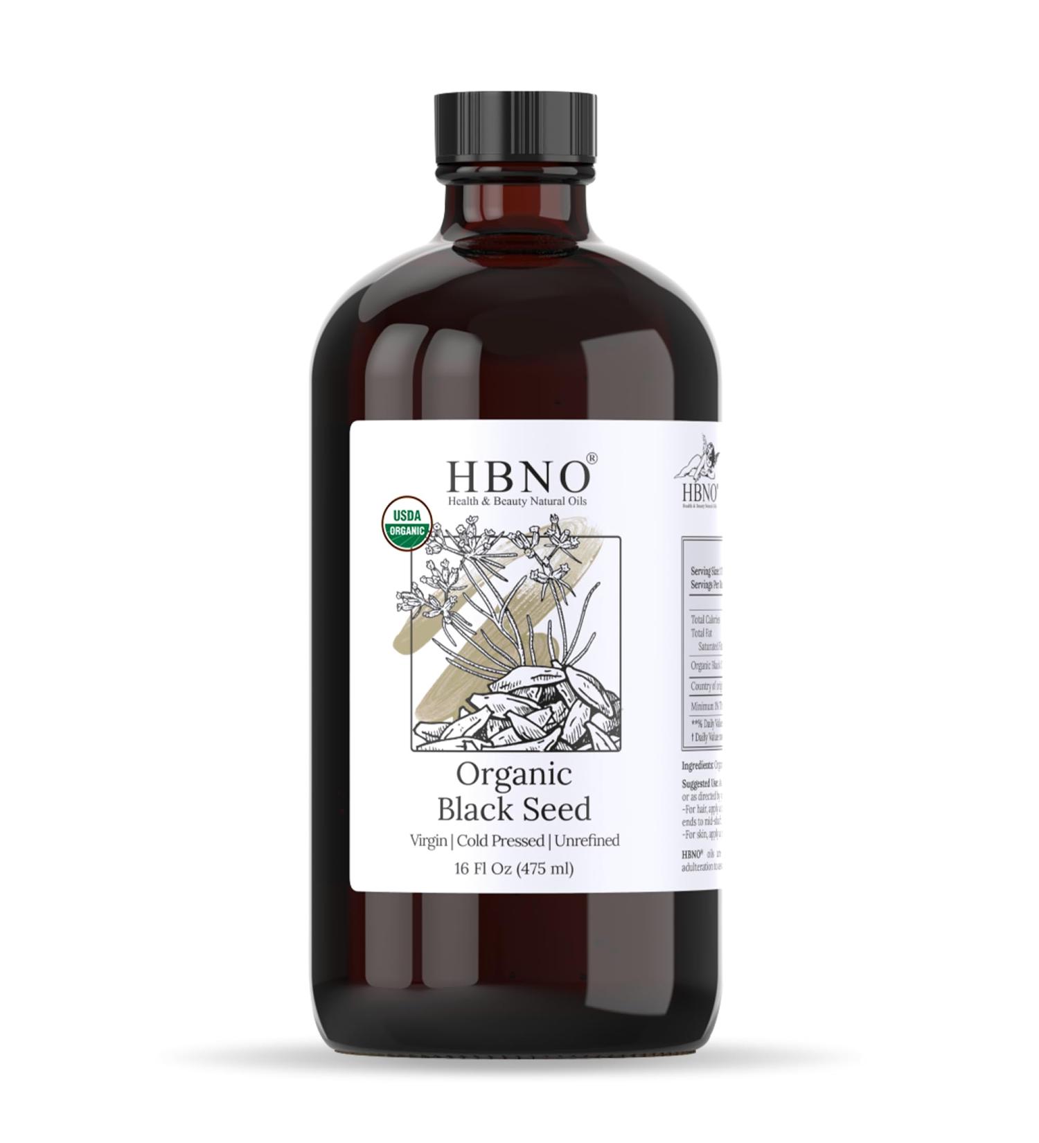 HBNO Organic Black Seed Oil - Huge 16 oz (475ml) Glass Bottle Value Size - USDA Certified Organic Black Seed Oil Cold Pressed for Face Body Lips Shampoo & Conditioner 16 Fl Oz (Pack of 1) - Buy Online on GoSupps.com