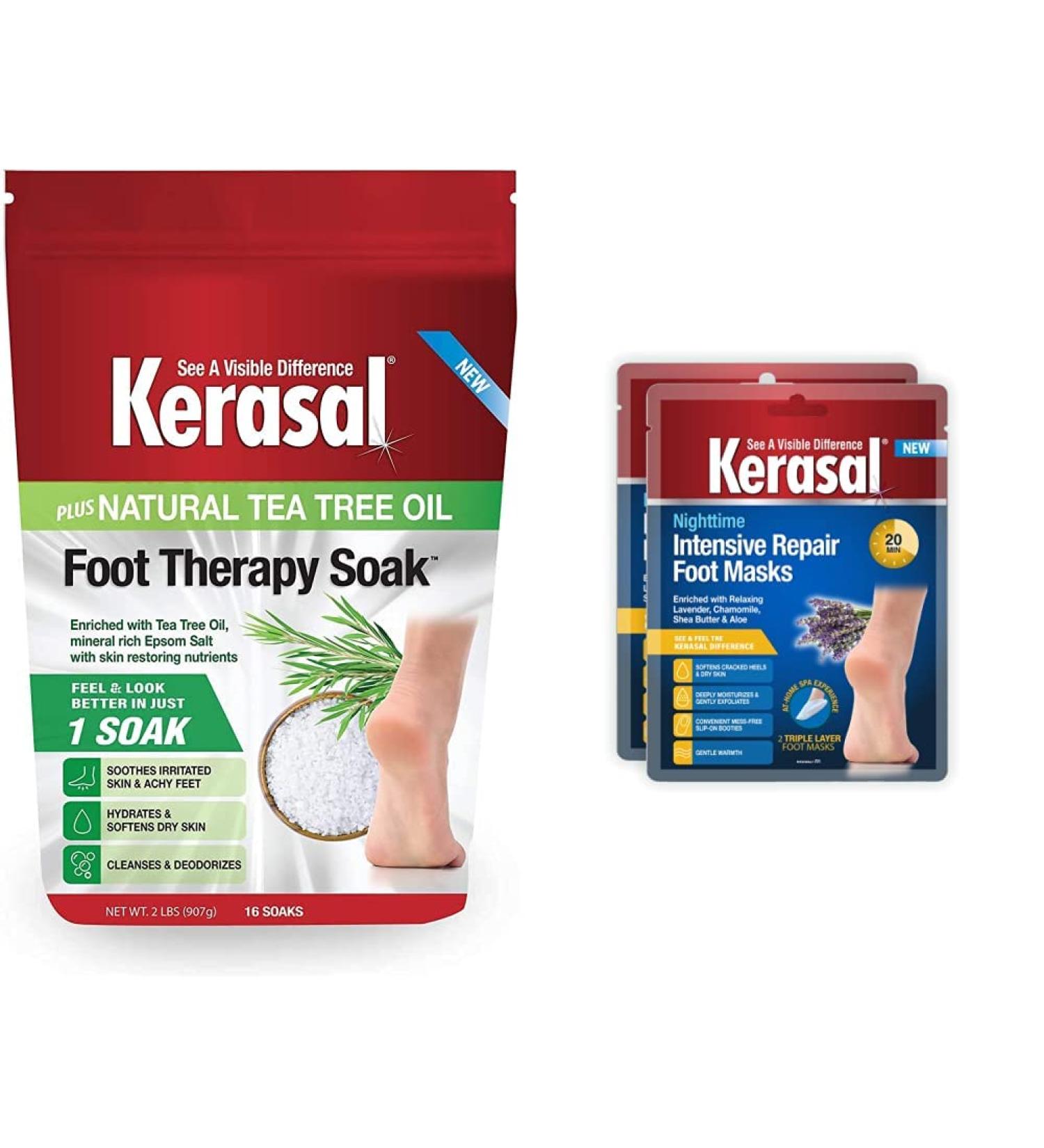Kerasal Foot Therapy Soak, Foot Soak for Achy, Tired and Dry Feet, 2 lbs and Kerasal Nighttime Intensive Repair Foot Masks, Foot Mask for Cracked Heels and Dry Feet, Two Pairs Foot Soak + Foot Repair Mask