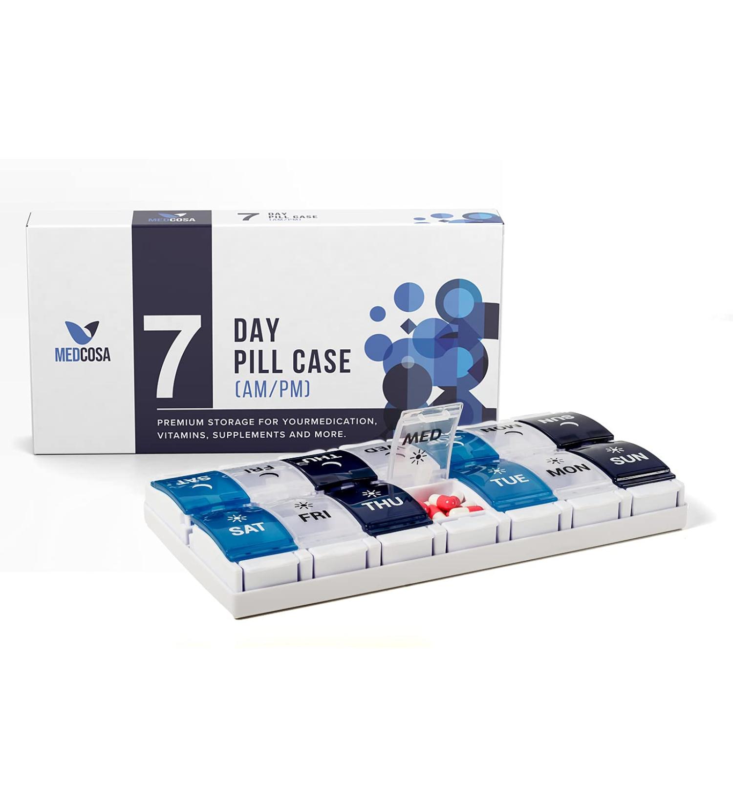 Medcosa 7-Day Pill Case | AM & PM Medicine Organizer | 2x Daily Supplement Box with 14 Compartments - Buy Online on GoSupps.com