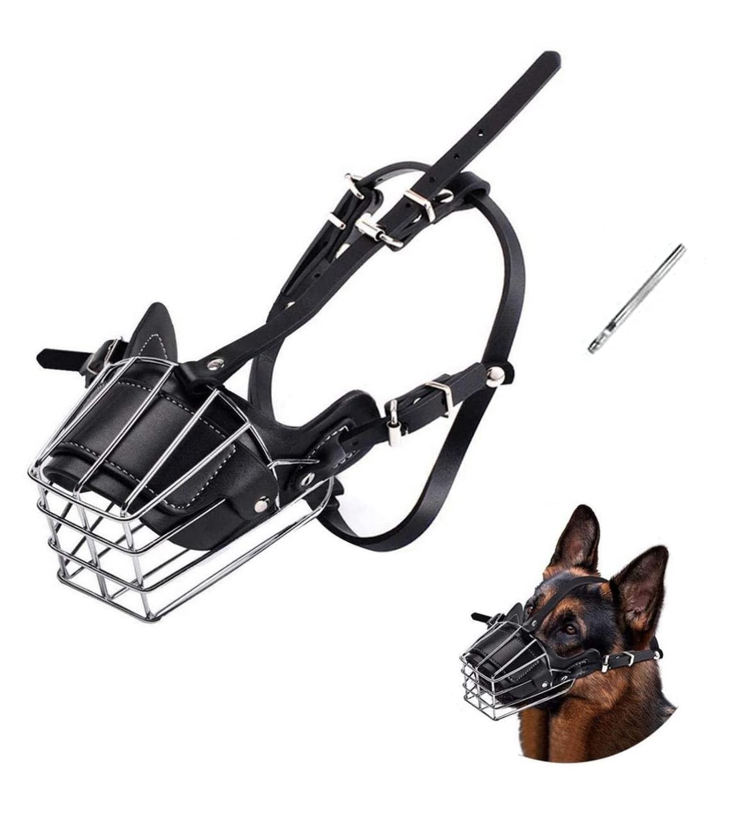 Breathable Metal Dog Muzzle for Medium & Large Dogs | Adjustable Leather Leash Included - Buy Online on GoSupps.com