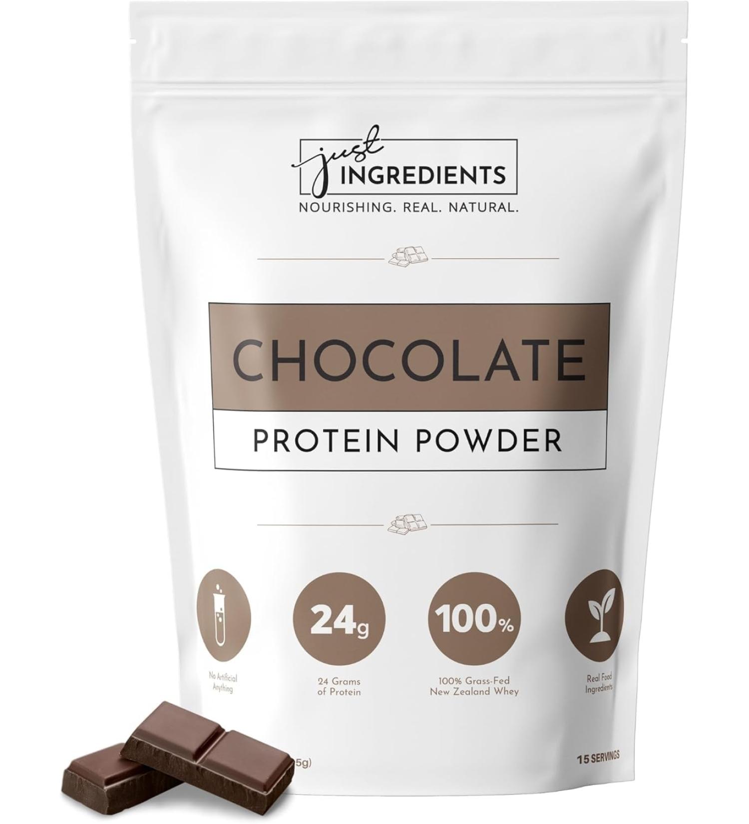 JUSTT INGREDIiENTS Protein Powder | 15 Servings | 24g Protein | Chocolate Flavor Made with 100% Grass-Fed Non-Denatured Whey | Five Different Sources from Organic Whole Food Ingredients - Buy Online on GoSupps.com