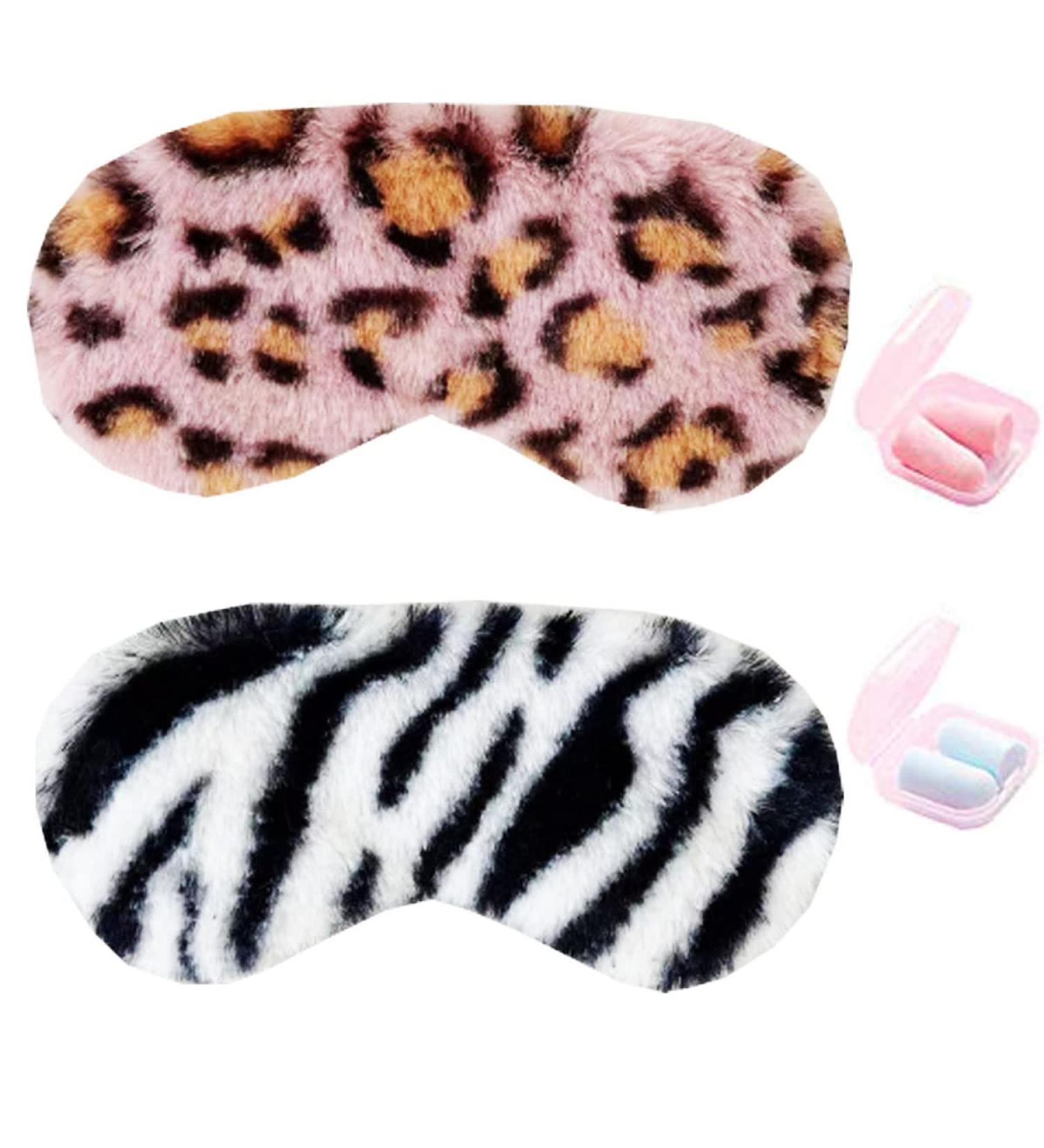 HappyDaily Pack of 2 Elegant and Comfortable Sleep Masks with Boxed Soft Foam Ear Plugs (Zebra/Leopard) Plush (Zebra/Leopard)