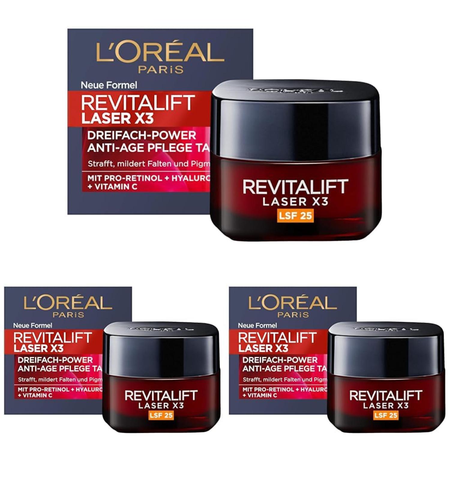 L'Or al Paris day care with LSF 25 firing and upholstery anti-aging facial care with 3-way effect with hyaluronic acid vitamin C and pro-retinol Revitalift Laser X3 50 ml day care LSF 25 50 ml (3 Pack)