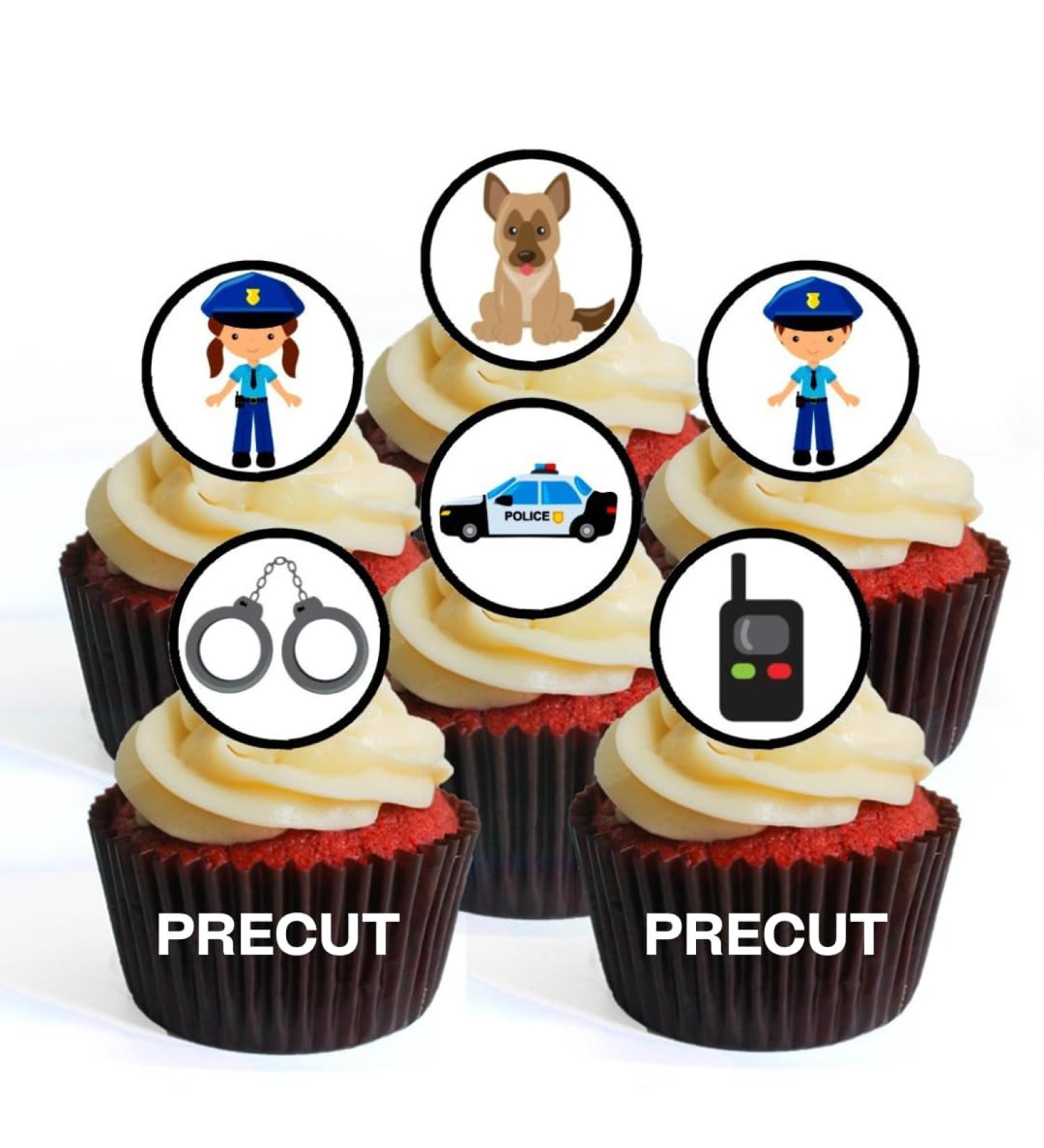 24 PRECUT Police Edible Cupcake Toppers Sheriff Theme Emergency Services Edible Cupcake Decorations - Stand Up Disc Wafer Cake Decorations - Buy Online on GoSupps.com
