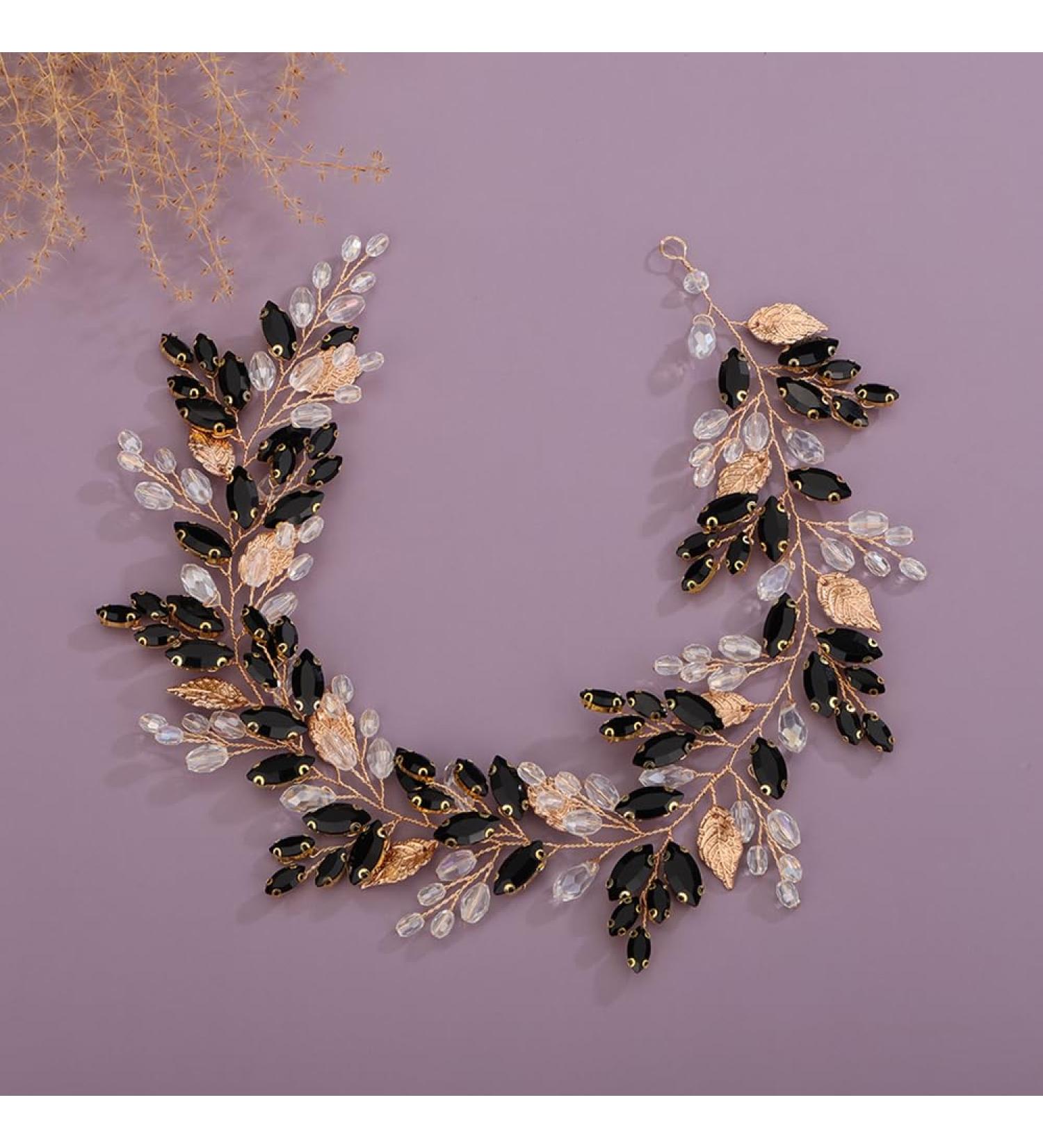 Deniferymakeup Rhinestone Bridal Hair Vine Crystal Wedding Headband Rhinestone Bride Headpiece Leaf Hair Accessories for Women and Girls (Gold Black) - Buy Online on GoSupps.com