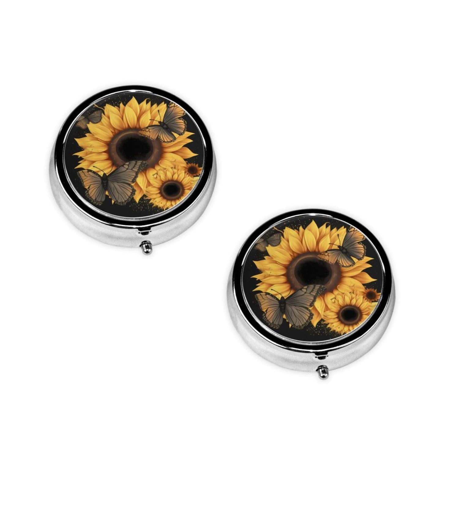 Butterflies & Sunflowers Round Pill Box | 3 Compartment Mini Travel Organizer for Vitamins & Medicines - Buy Online on GoSupps.com