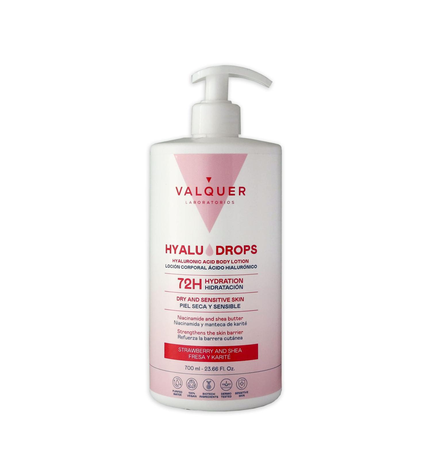  Valquer Laboratorios Valquer Hyaludrops Strawberry and Shea Moisturizing Body Cream. Lotion for dry and sensitive skin up to 72 hours of nourishing hydration with hyaluronic acid and niacinamide. 700 ml. - Buy Online on GoSupps.com