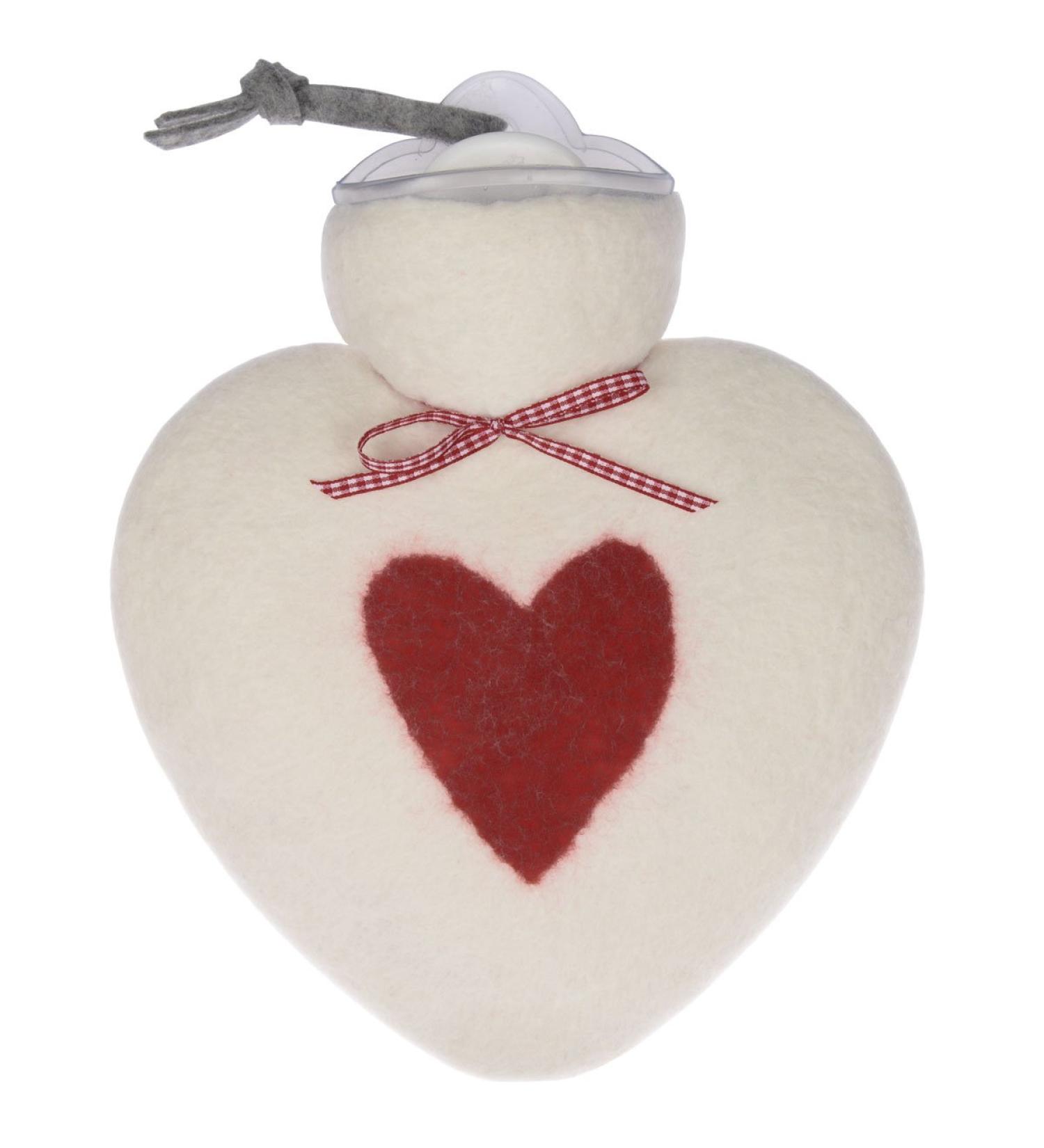 Hot water bottle/heart hot water bottle 0.8 liters with cover made of merino wool felted white with red heart by Dorothee Lehnen