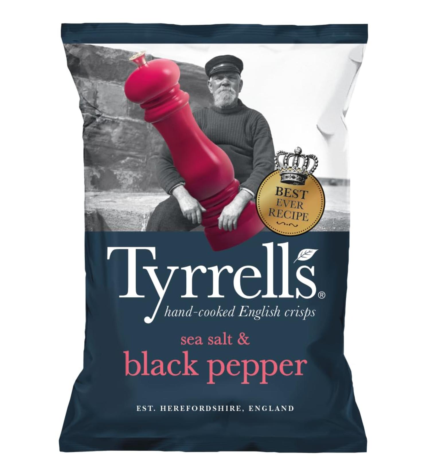 Tyrrells Sea Salt & Black Pepper Seasoned Potato Crisps (8 Bags x 150g Sharing)