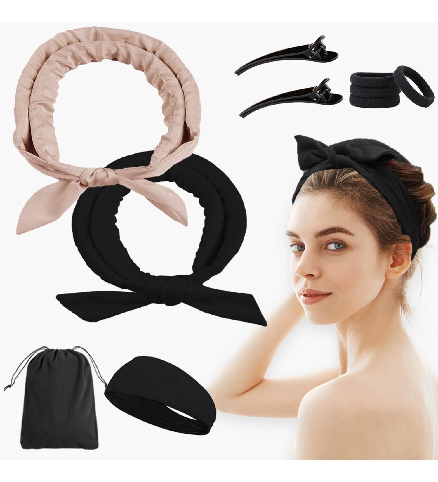 Satin Heatless Hair Curler Set for Long Hair - 2 Pcs No Heat Rollers for Overnight Curls - Black + Champagne Powder - Buy Online on GoSupps.com