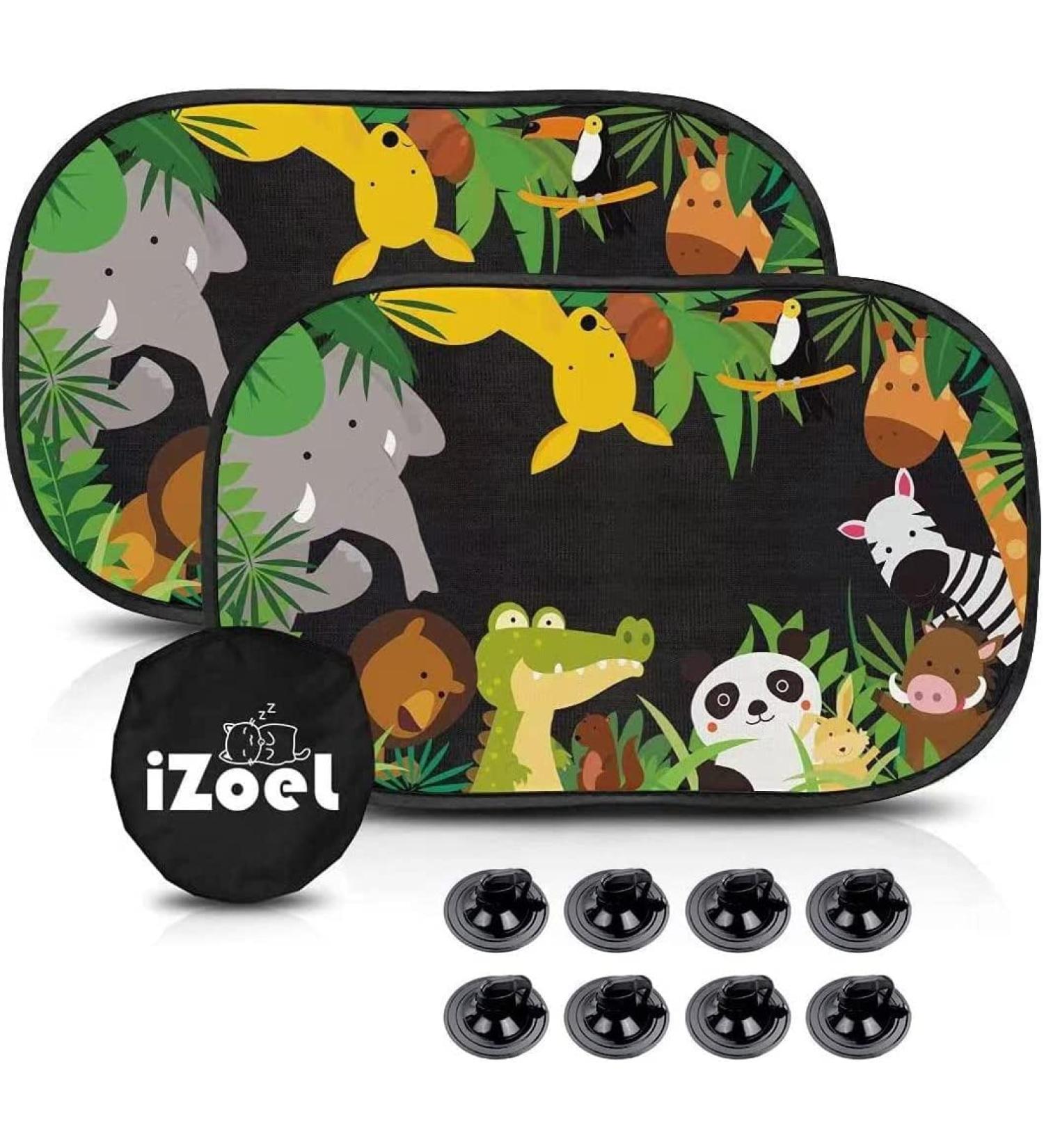 iZoeL Car Sun Shade 2PCS Static Cling Window Sunshades with Animal Lion Design - UV Protection for Kids, 8 Suction Cups, Storage Bag - Green Forest Theme - Buy Online on GoSupps.com