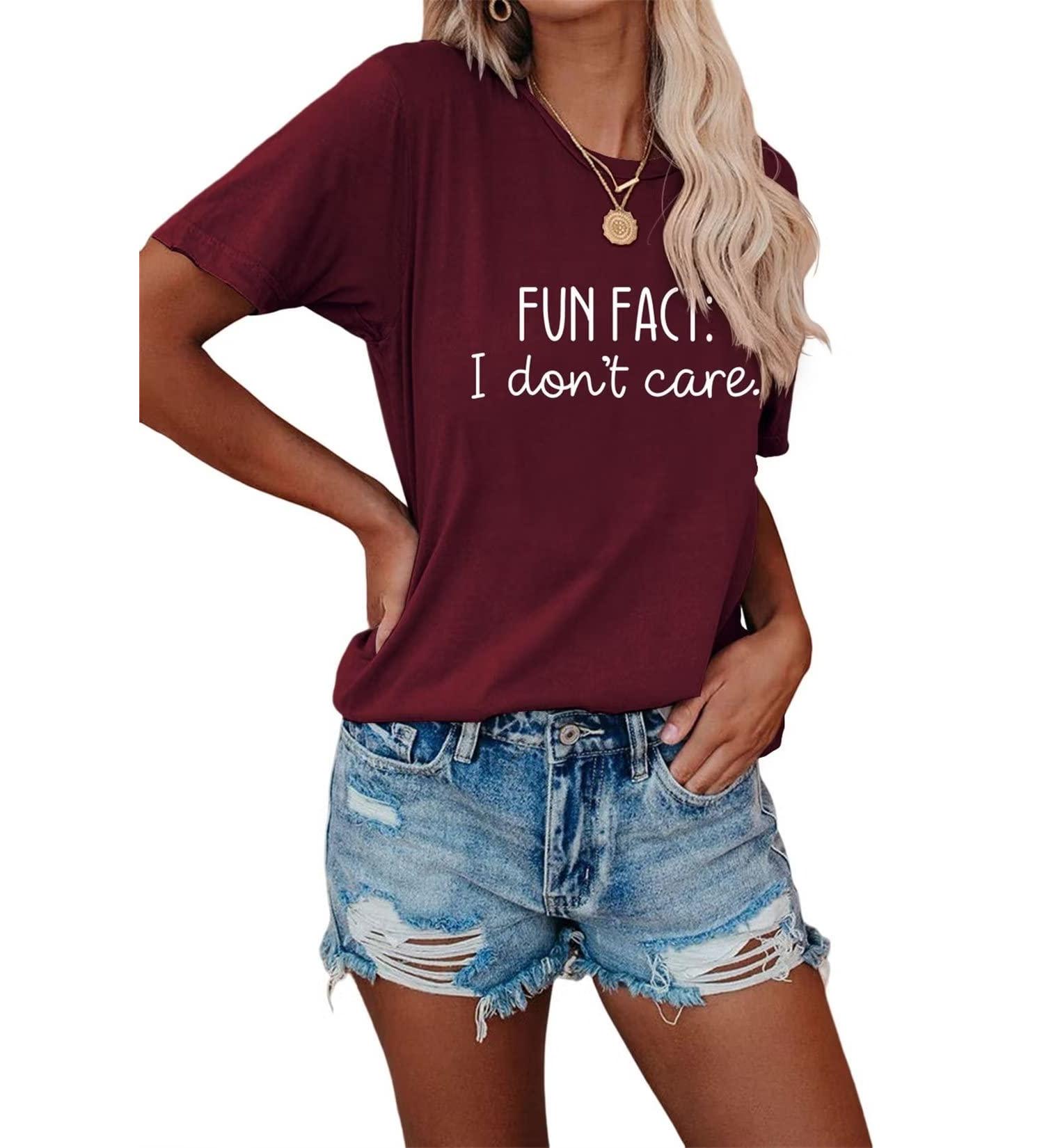 Fun Fact I Don't Care Women T-Shirt Summer Shirt Crewneck Casual Tee Short Sleeve Top Wine 3X-Large