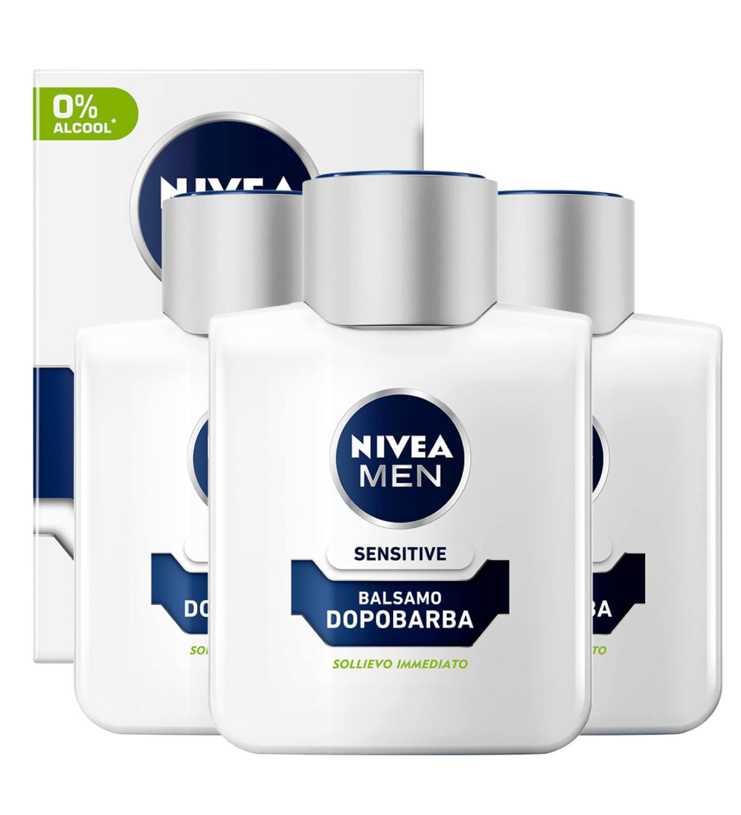 Nivea Men Sensitive After-Shave Balm & Beard Balm - Chamomile & Vitamin Extract - 3x100ml - Gentle Care for Sensitive Skin - Buy Online on GoSupps.com