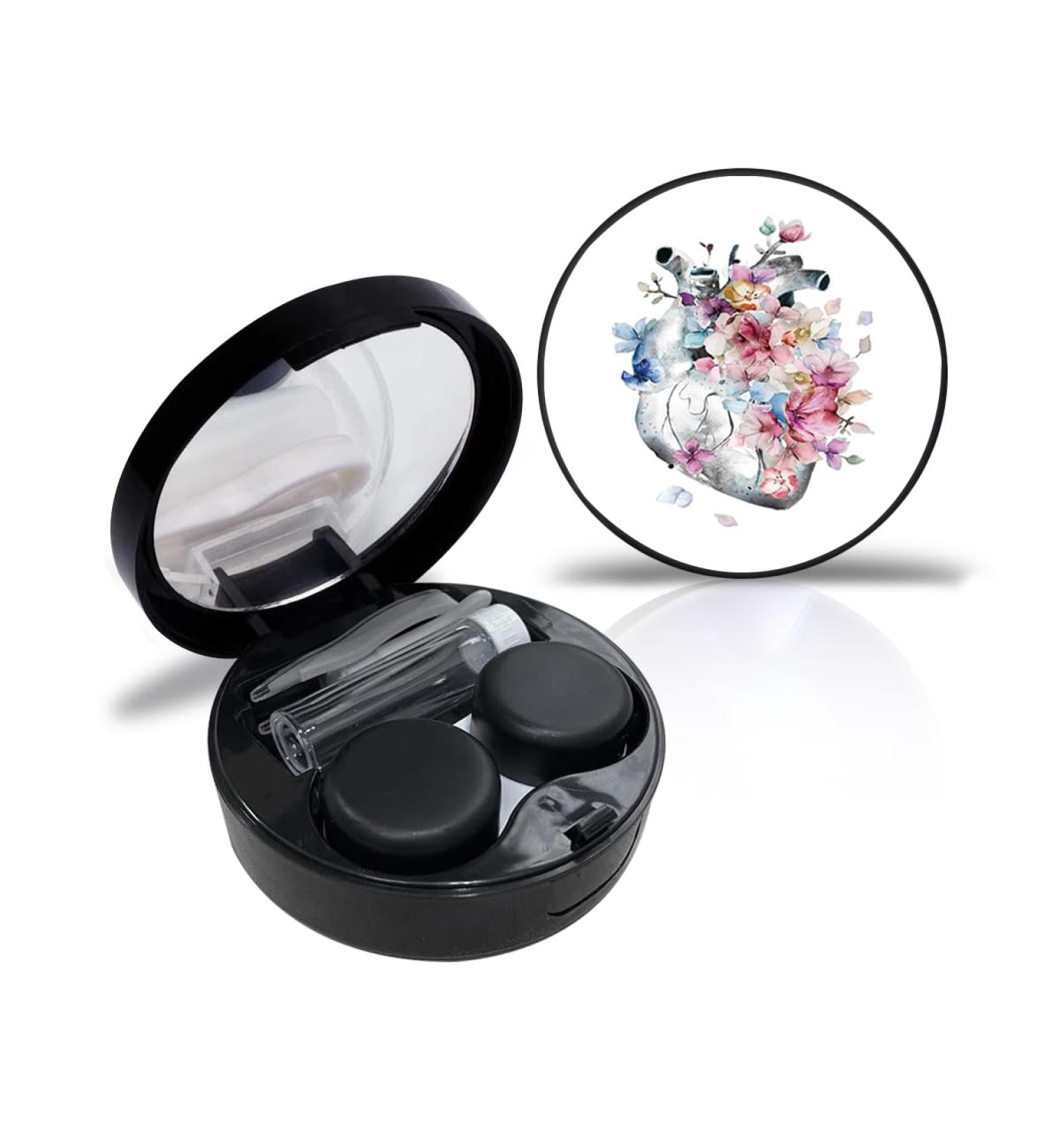 Watercolor contact case in heart shape personalized travel set portable individual contact tui with mirror tweezers remover tool solution bottle