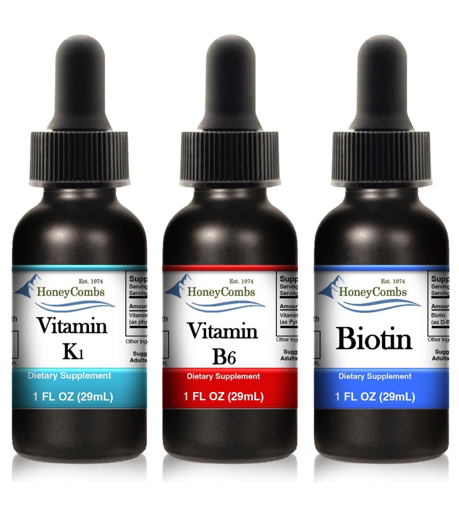 HoneyCombs Liquid Drops 1oz Each Save 10% - Alcohol-Free Oral Vitamin K1 Drops + Vitamin B6 (Pyridoxine) + Vitamin B7 (Biotin) - Buy Online on GoSupps.com