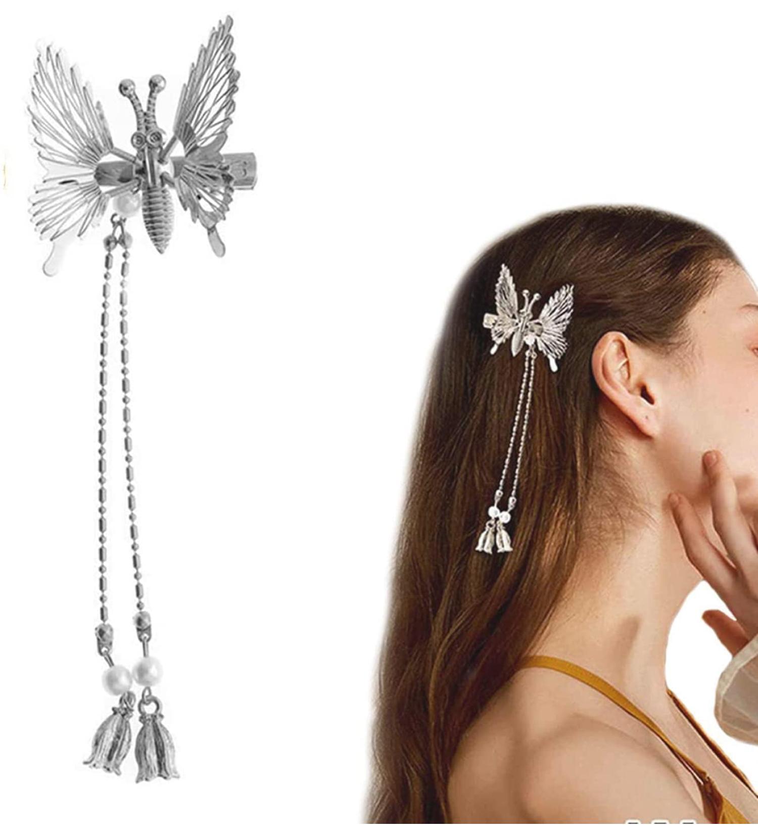 Elegant Tassel Butterfly Hairpin - Shiny Moving Hair Clip for Women & Girls | Perfect Silver Hair Accessory - Buy Online on GoSupps.com