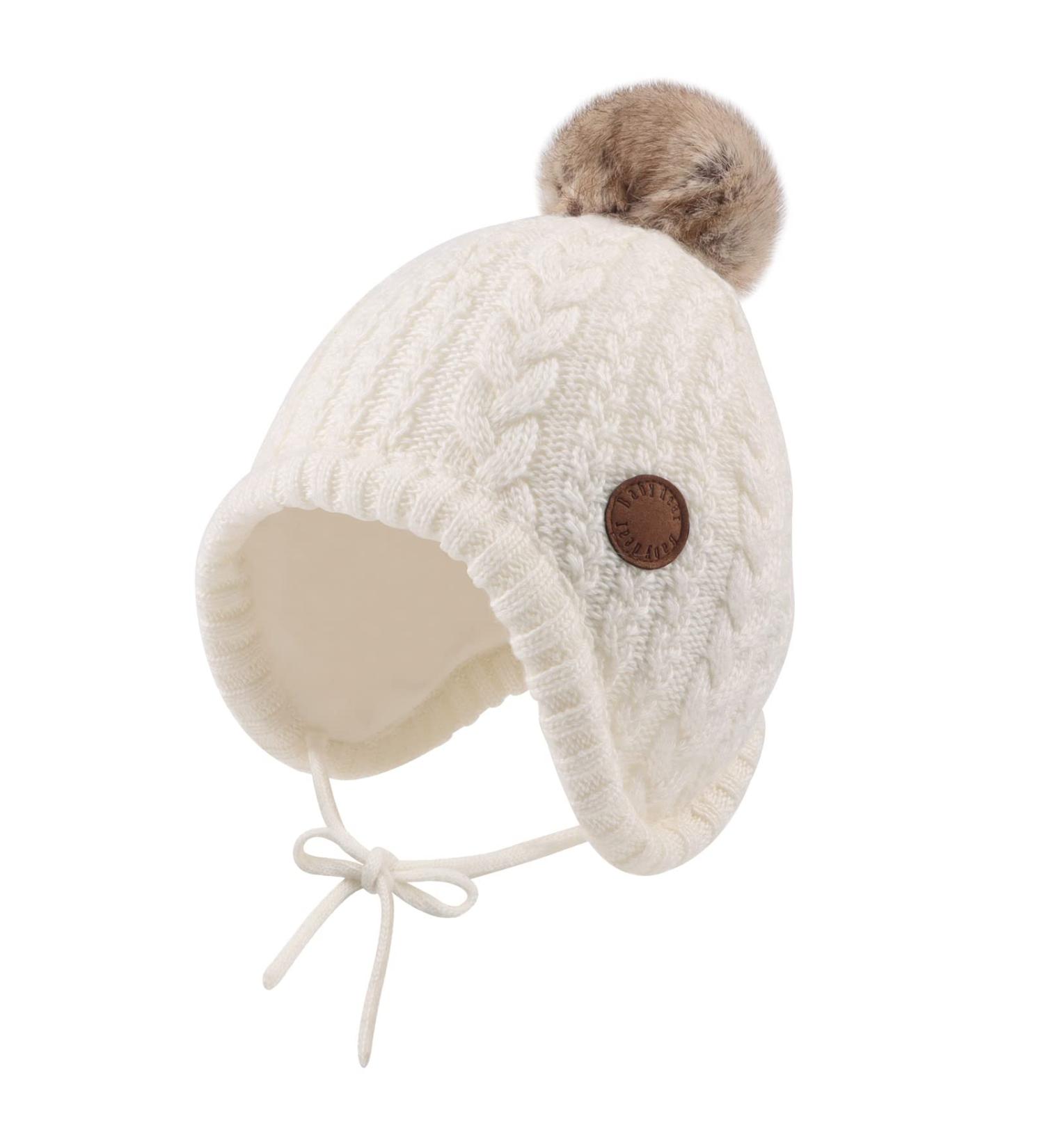 XIAOHAWANG Winter Baby Beanie with Velvet Lining and Pompom | Toddler Kids Earflap Hat for Boys and Girls 18 Months - 3 Years | Warm and Stylish White Baby Hat - Buy Online on GoSupps.com