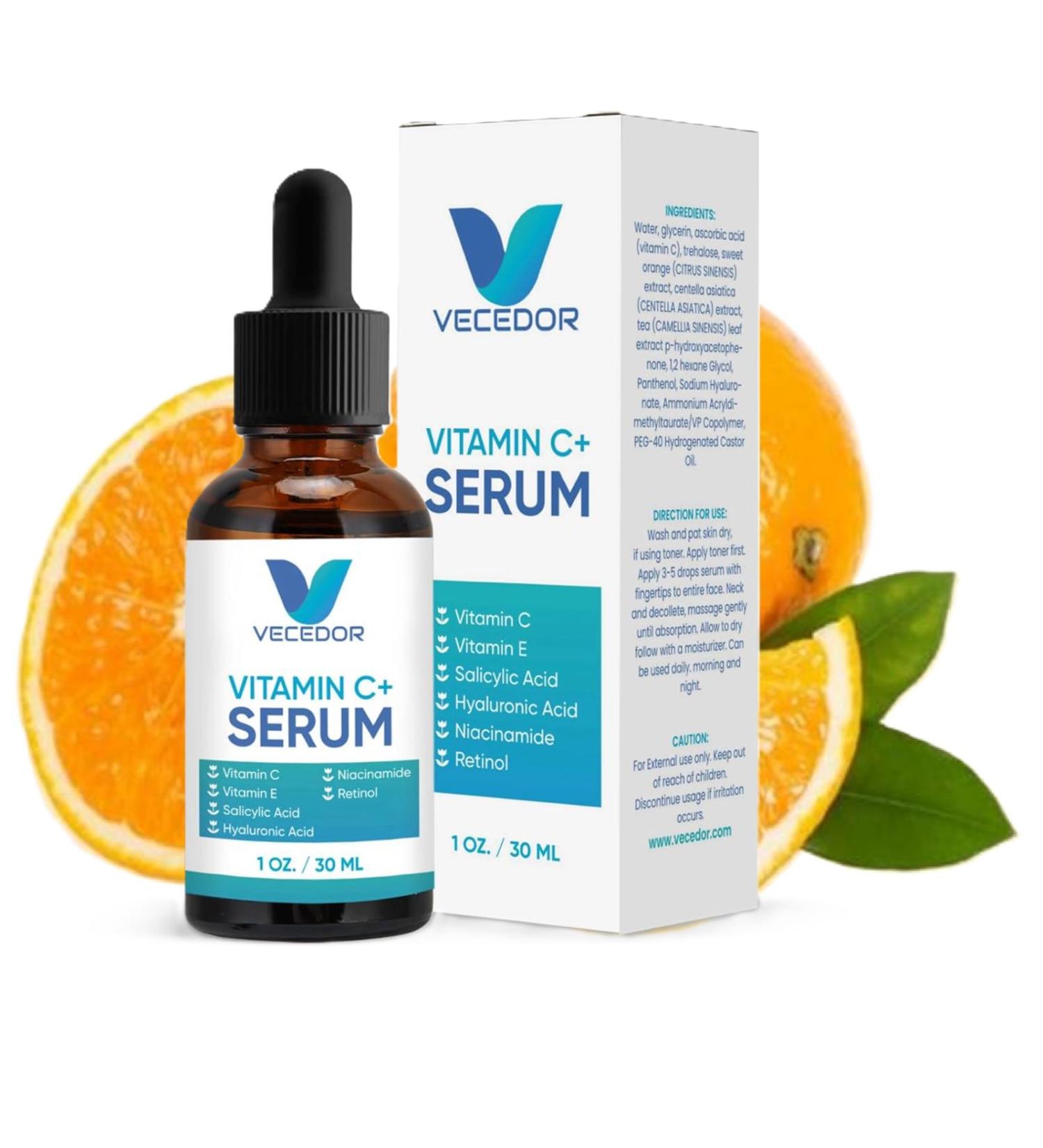 VECEDOR Organic Vitamin C Serum for Face Formula Anti-Aging Brightening Serum with Hyaluronic Acid & Centella Asiatica Fade Dark Spots Hydrate & Smooth Skin for Women & Men All Skin Types 1 fl oz - Buy Online on GoSupps.com