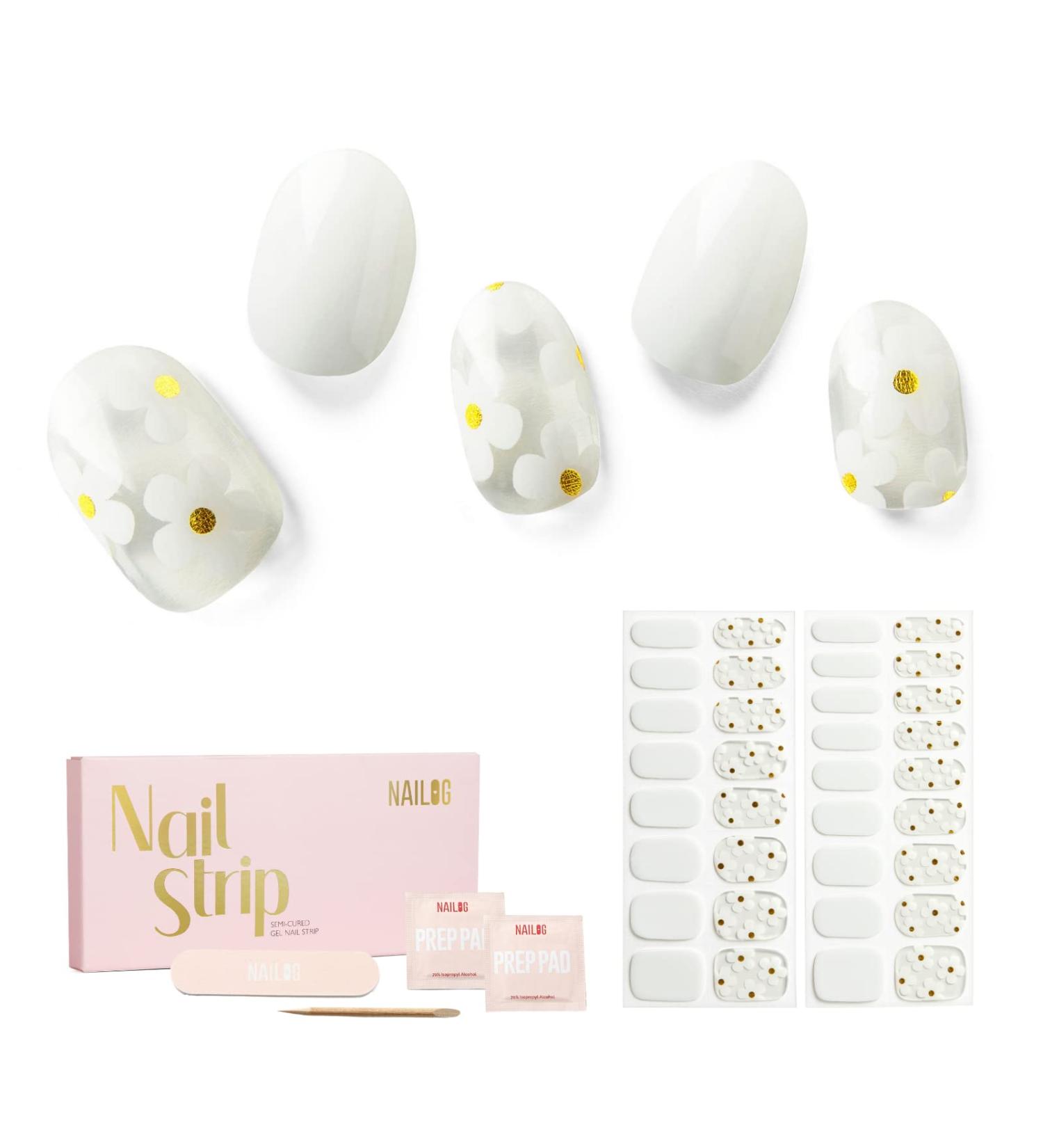 NAILOG Semi Cured Gel Nail Strips 34 pcs Salon-Quality Gel Nail Stickers Long Lasting Nail Wraps for Women with Soft Gel Finish White Petals - Buy Online on GoSupps.com