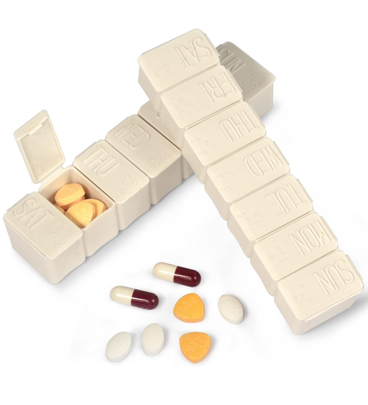 7-Day Pill Organizer with Braille Labels - Travel-Friendly Medication Dispenser for Vitamins and Supplements (Beige) - Buy Online on GoSupps.com