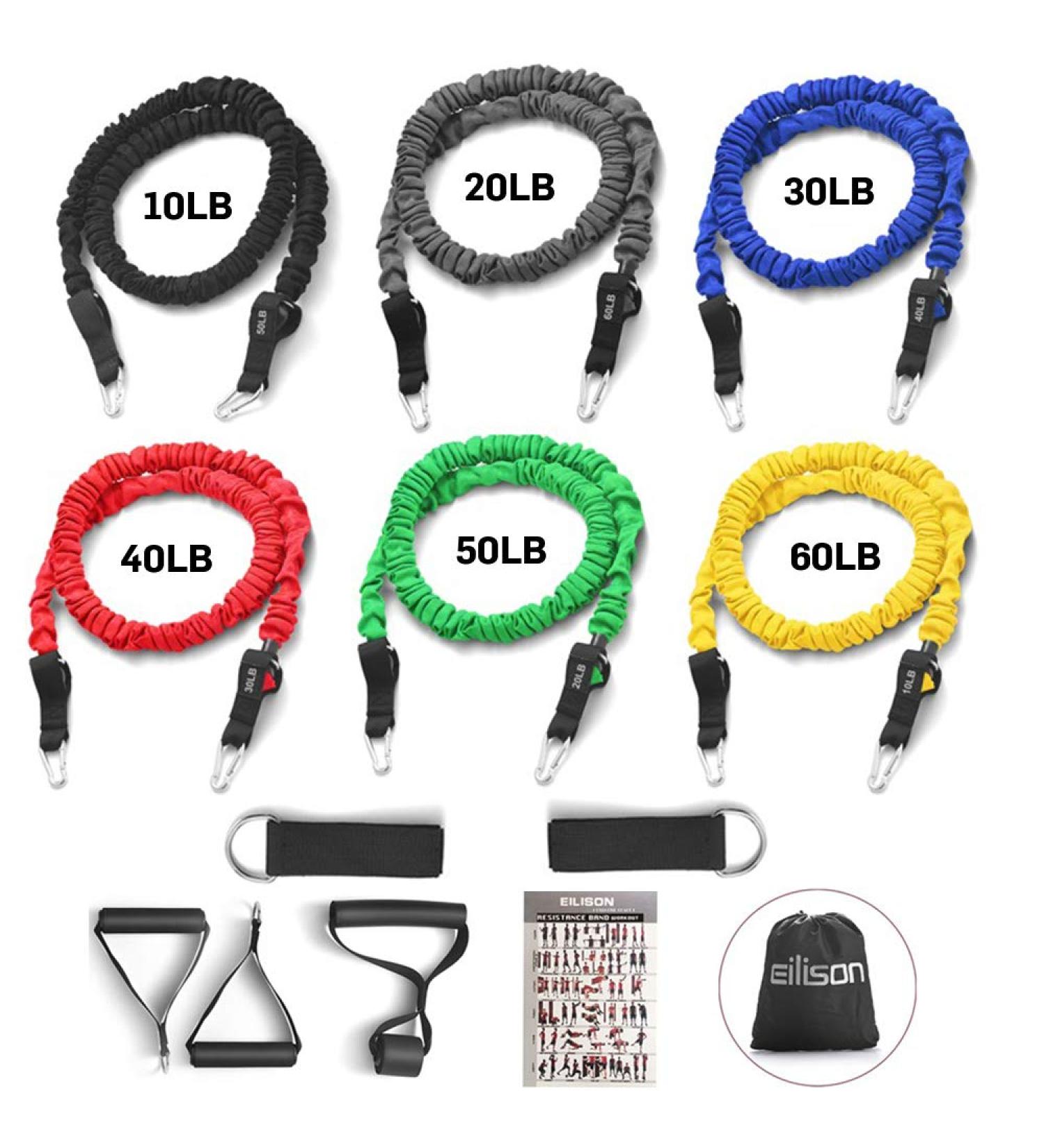 EILISON Resistance Band Kit - 13-Piece Stackable Set for Safe and Effective Workouts | Heavy Duty Protective Sleeves, Anti-Slip Foam Handles, Door Anchor, Ankle Strap | Ideal for Men and Women - Buy Online on GoSupps.com